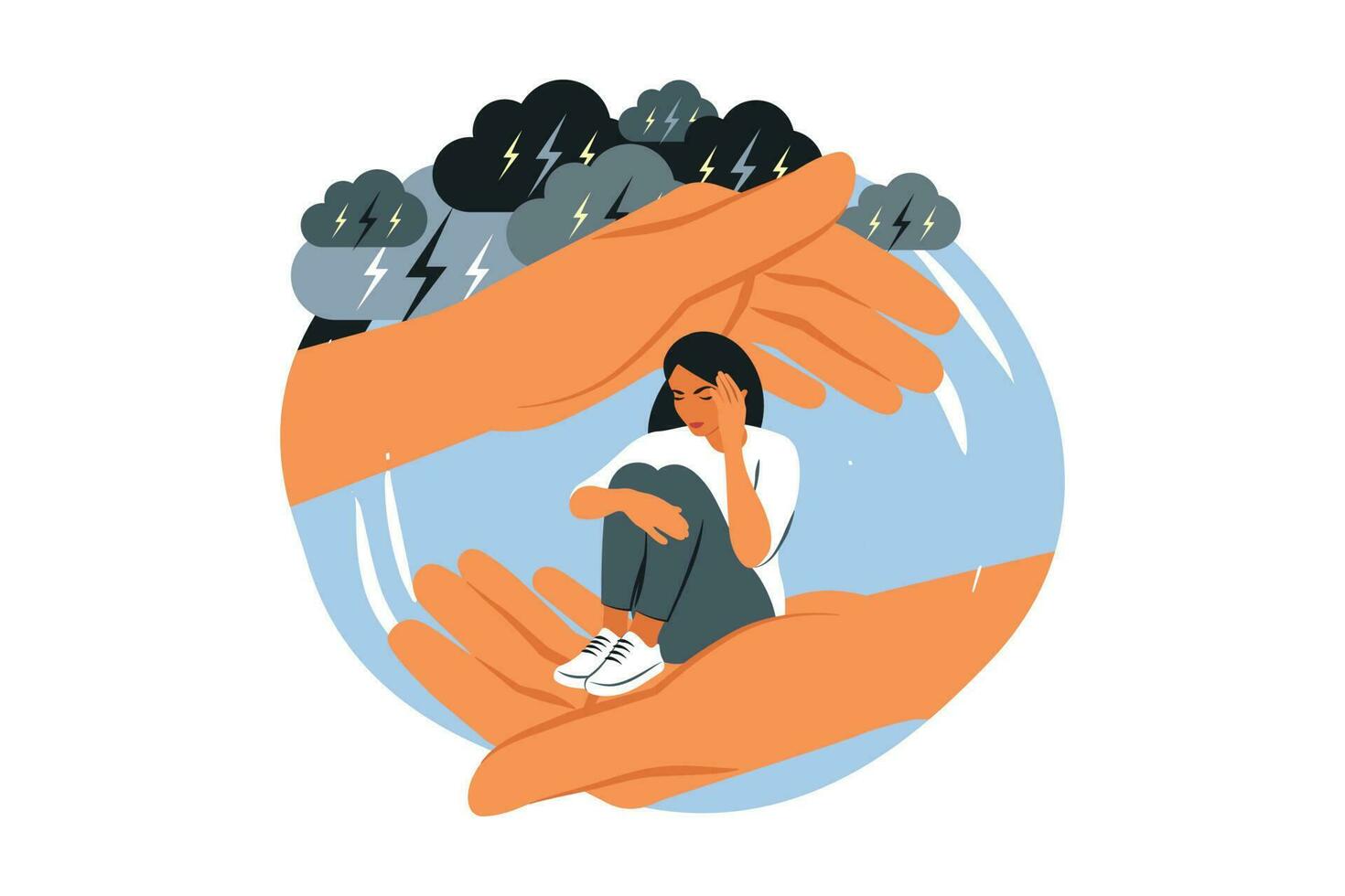 Self care, love, acceptance concept. Woman with closed eyes sitting embracing knees. Mental health issue, depression, feeling of frustrated, anxiety. Vector illustration.