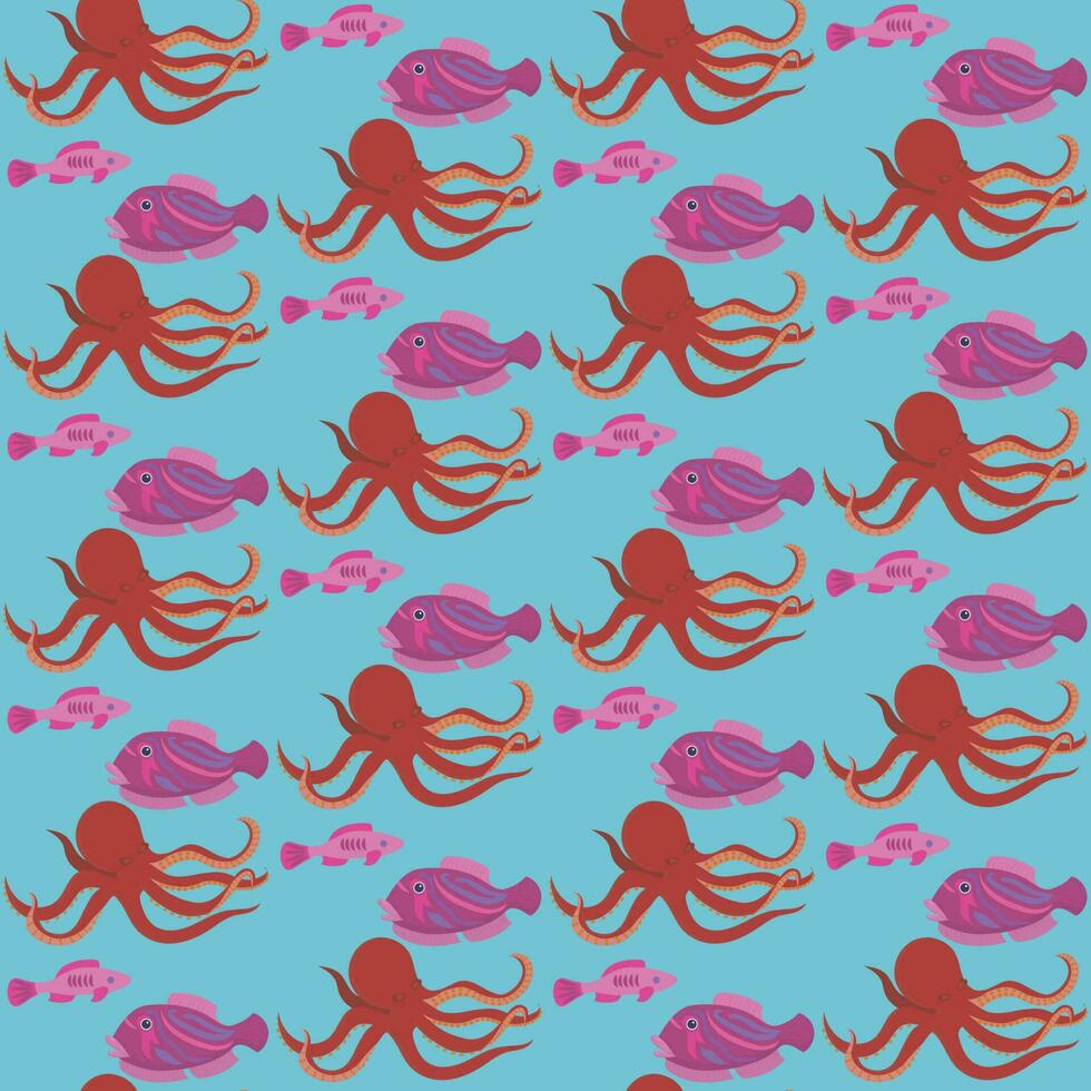 naranja pulpo con pescado en dibujos animados estilo. sin costura modelo. vector ilustración.