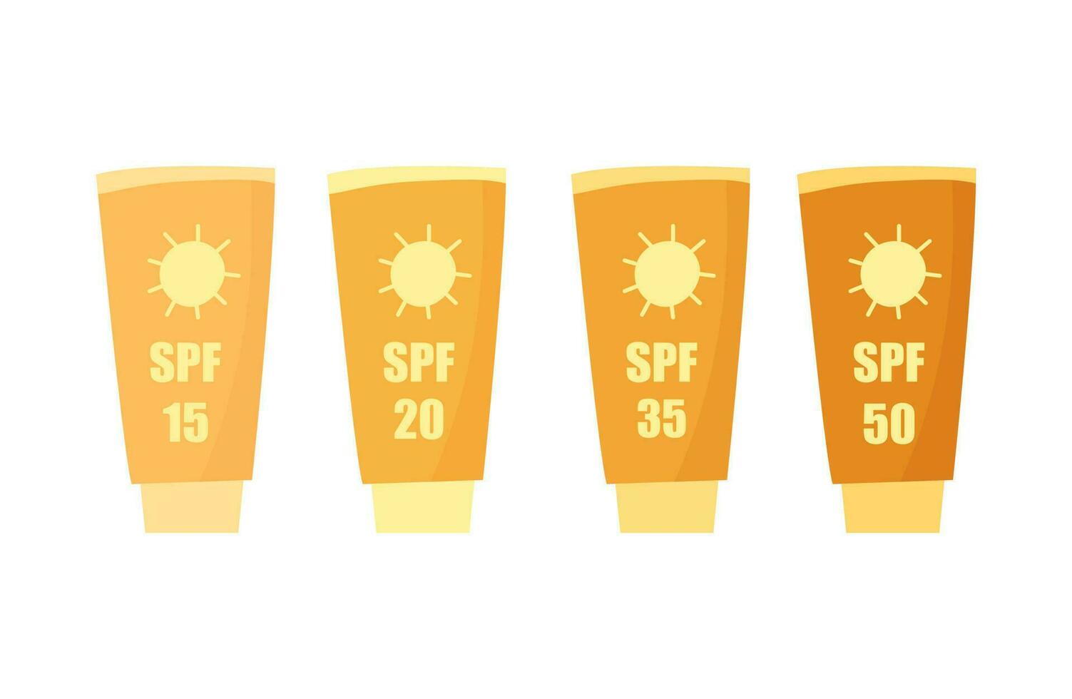 Set of SPF sunscreen creams with different coverage protection. Cartoon orange illustrations. vector