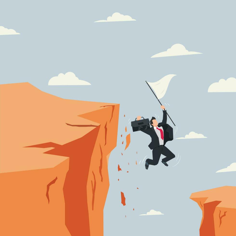 Businessman jumping from the cliff with white flag.  Businesses fail and give up concept illustration vector