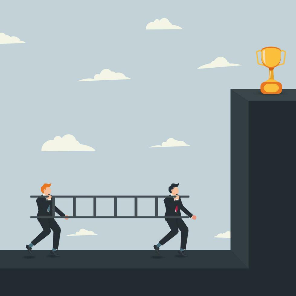 Vector two businessmen carrying ladders with trophy on the top of building. Teamwork and partnership concept illustration