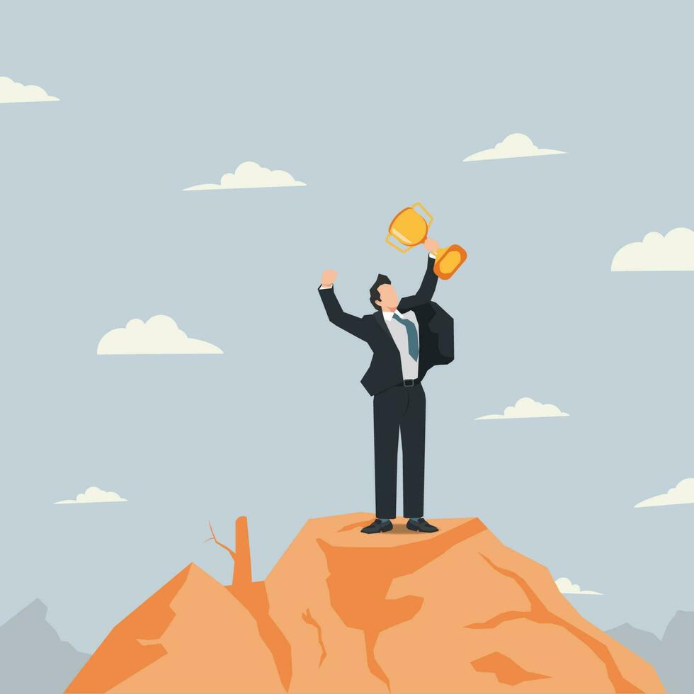 Vector businessman standing on hilltop and holding trophy. Success businessman raised design vector illustration