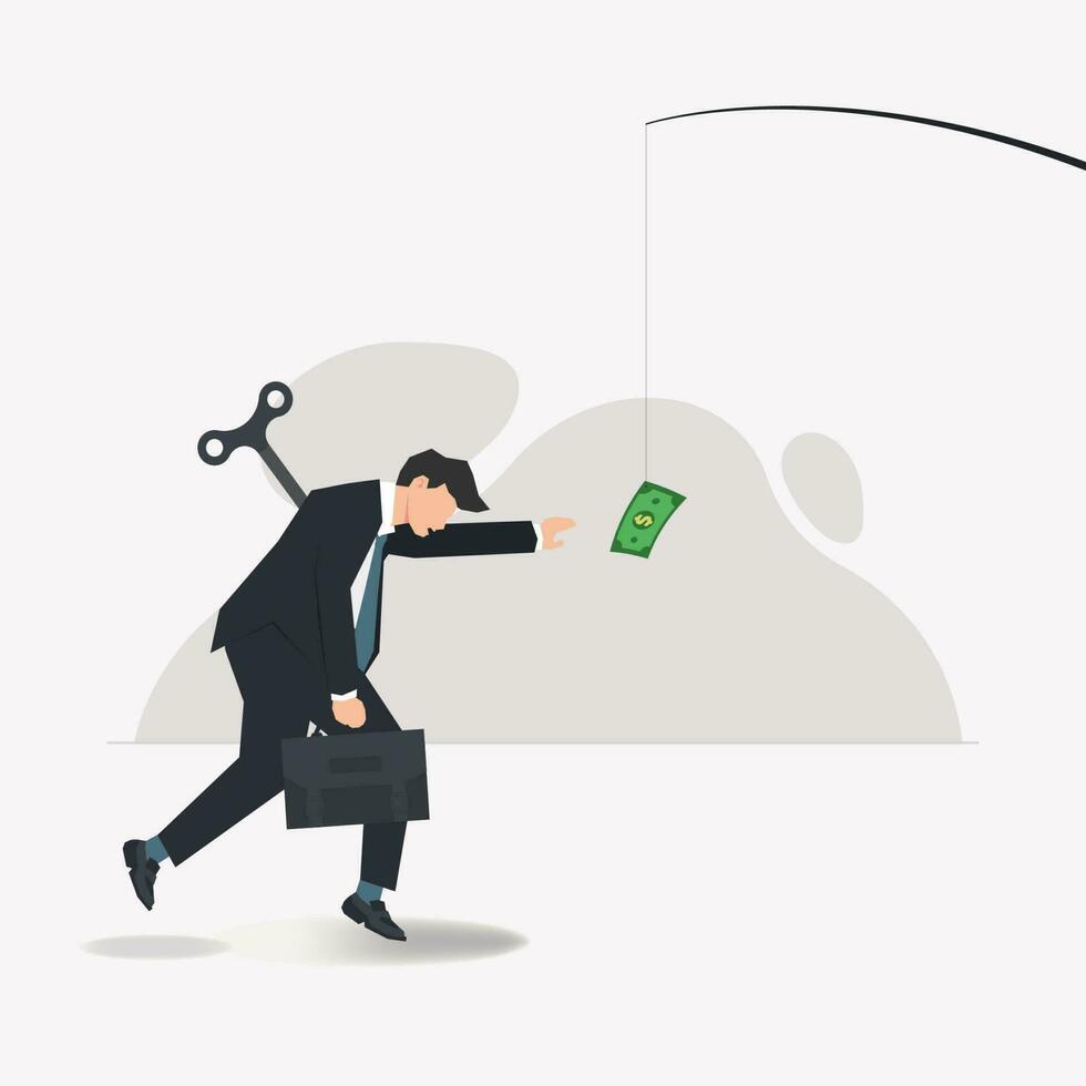 Vector businessman under control of wind up key following the money design vector illustration