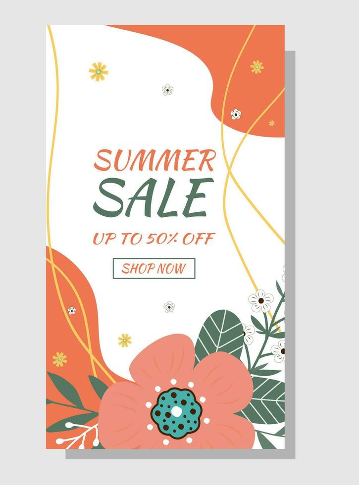 Summer sale banner. Summers flowers and abstract shape. vector