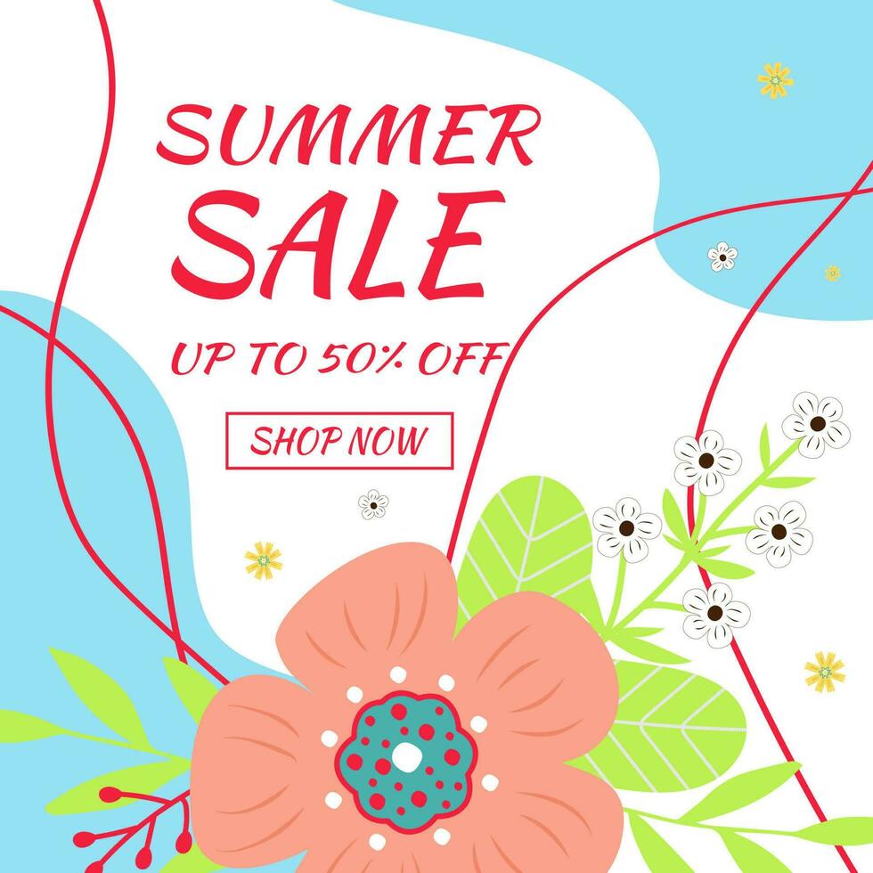 Summer sale banner. Summer flowers and abstract shape. vector