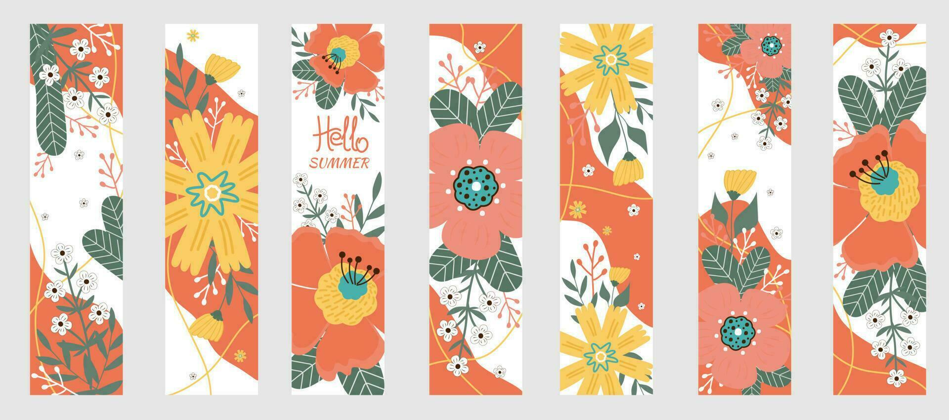 Set summer bookmarks. Hello summer. Summer flowers, leaves on white background. vector