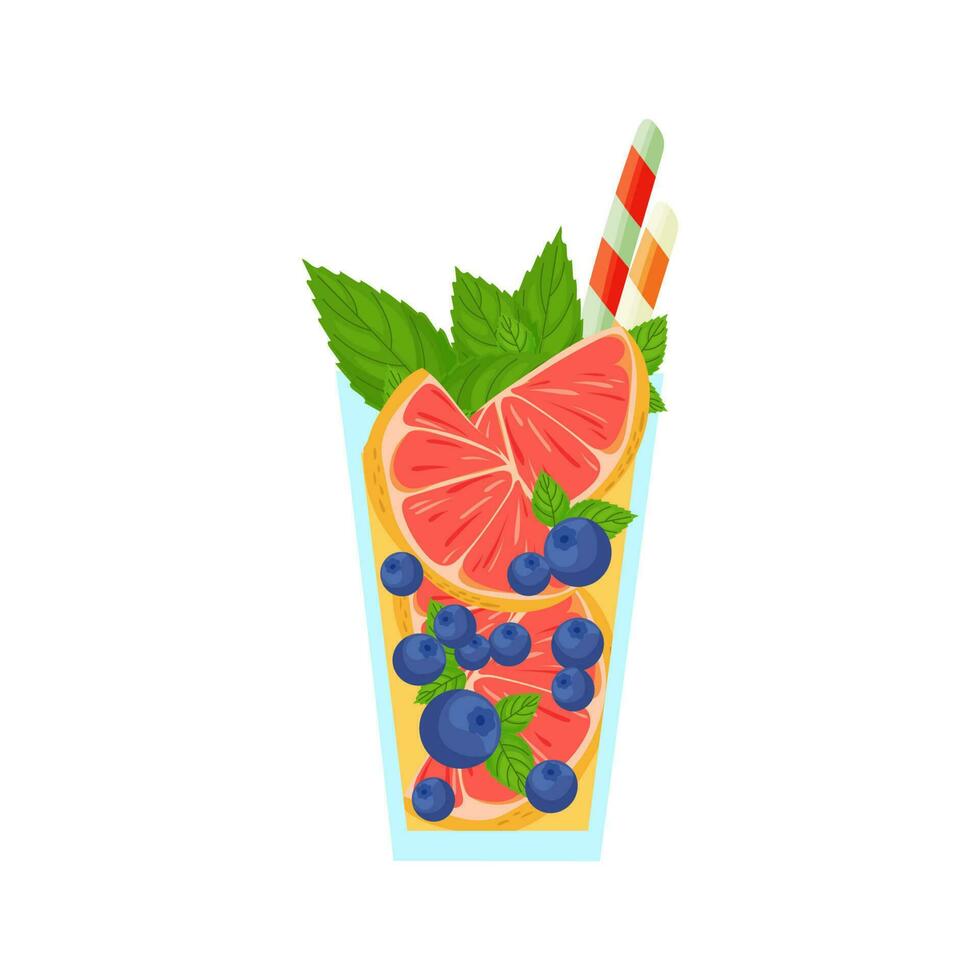 Grapefruit and Blueberry Mocktail with a Minty Twist. Vector cocktail Illustration in cartoon style.