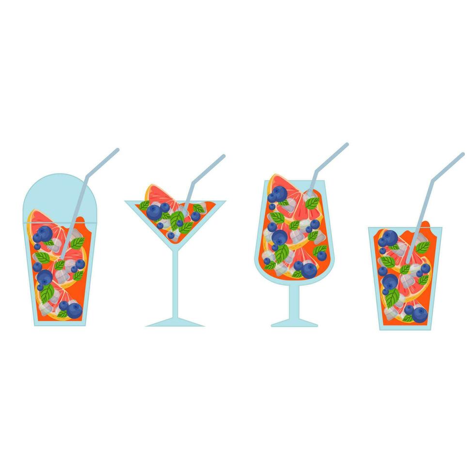 Set of Grapefruit and Blueberry Mocktails with a Minty Twist. Vector cocktails Illustration in cartoon style.