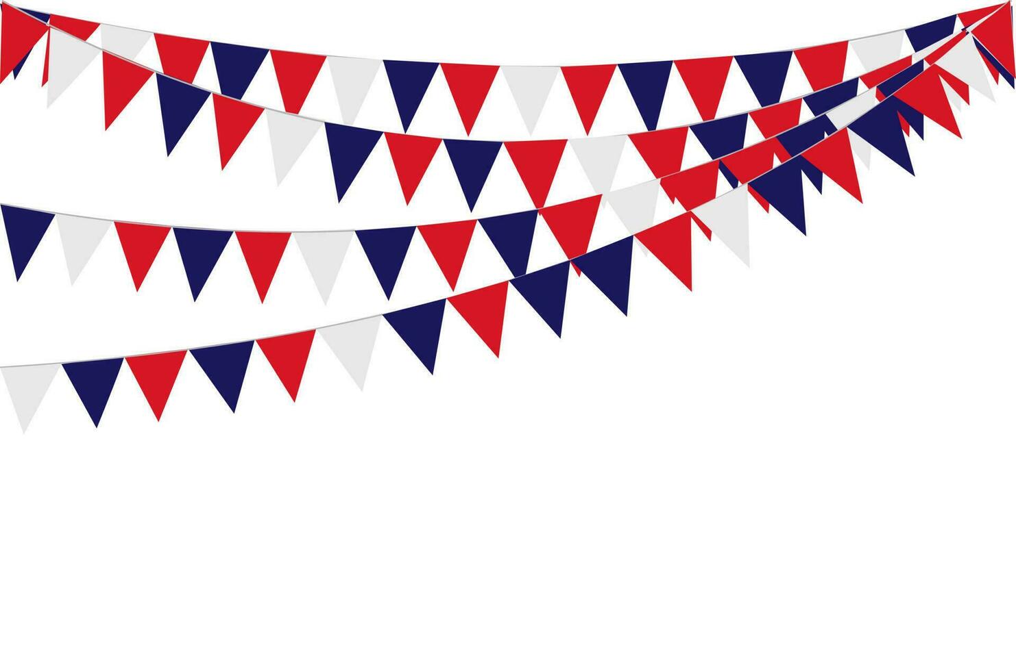 Bunting Hanging Red White Blue Flags Triangles Garland Banner Background. United State of America, France, Thailand, New Zealand, Netherlands, British, Great Britain, USA vector