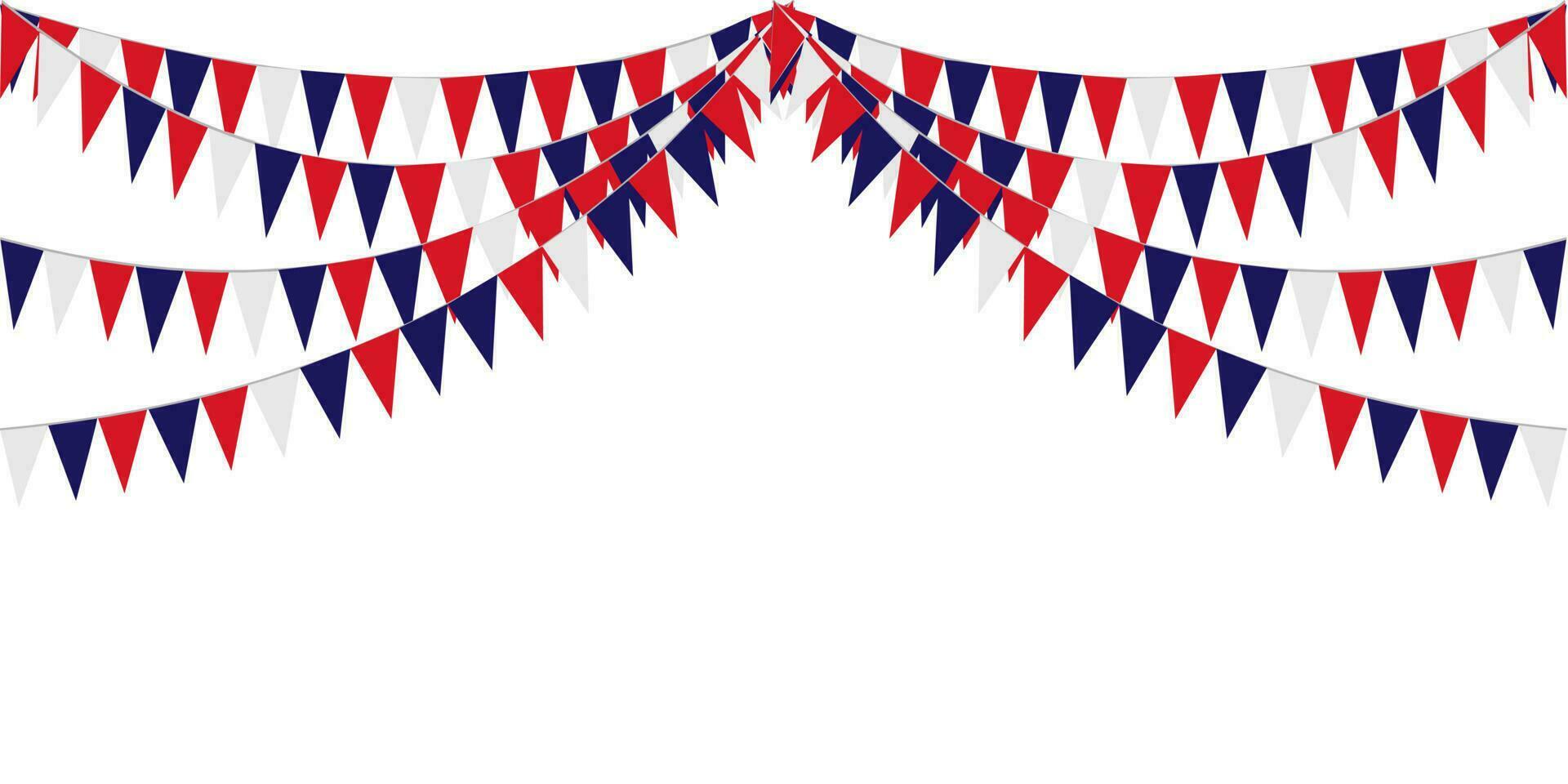 Bunting Hanging Red White Blue Flags Triangles Garland Banner Background. United State of America, France, Thailand, New Zealand, Netherlands, British, Great Britain, USA vector
