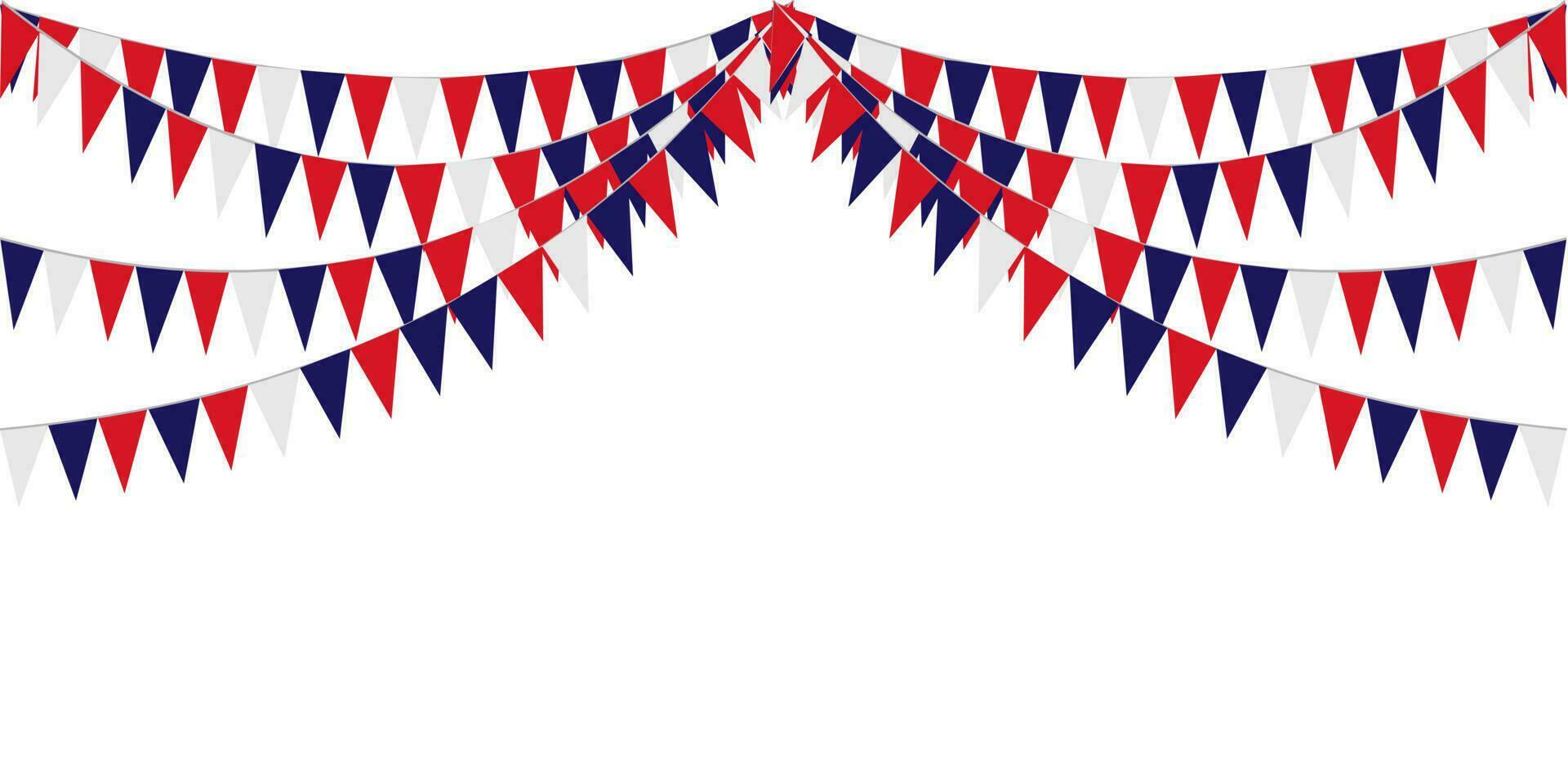 Bunting Hanging Red White Blue Flags Triangles Garland Banner Background. United State of America, France, Thailand, New Zealand, Netherlands, British, Great Britain, USA vector