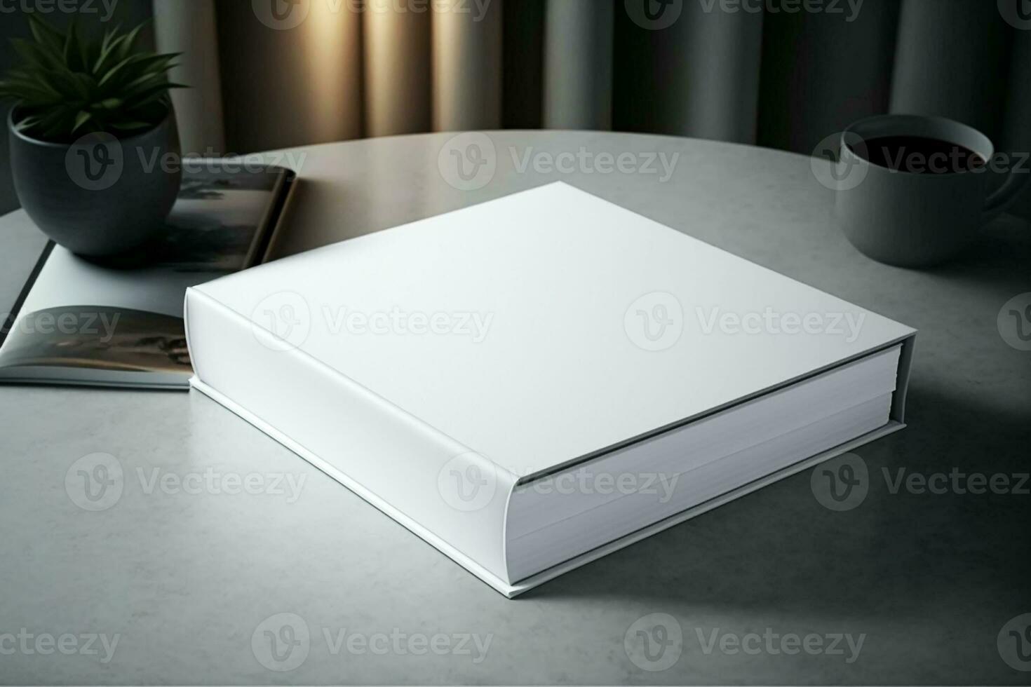 Book cover blank white vertical design template on a table,  room interior photo
