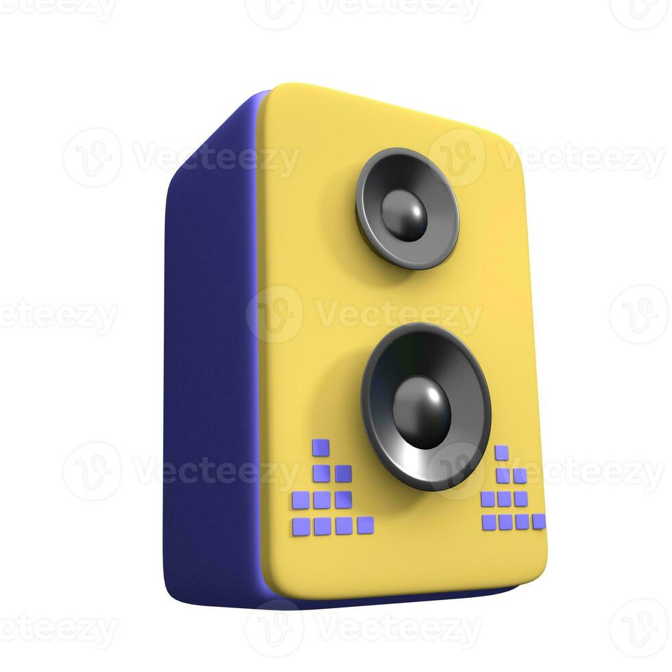 speaker 3d icon. Volumetric retro audio speaker with blue loudspeaker. Equipment for parties and home listening music. Speaker system for professional studio. Realistic 3d Rendering illustration photo