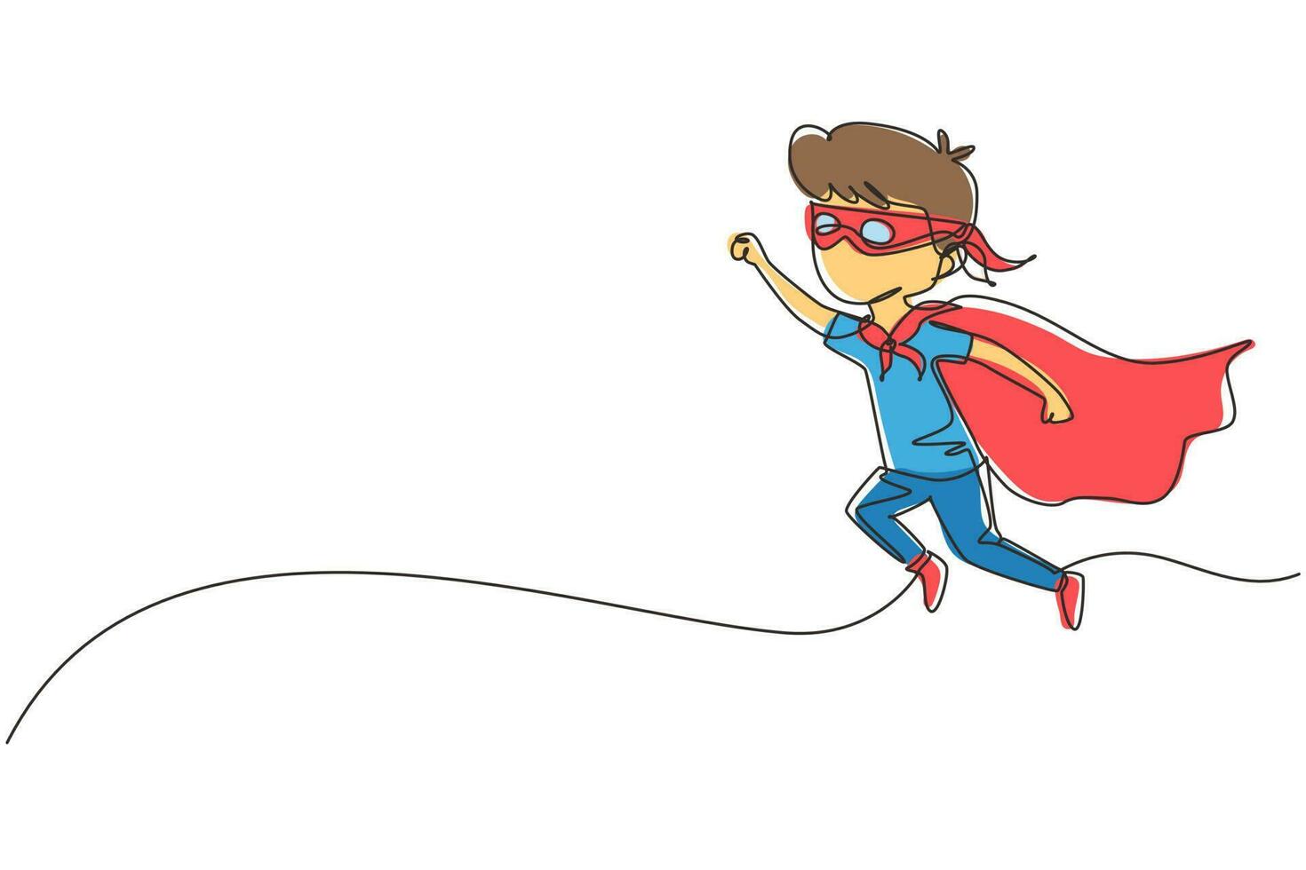 Single continuous line drawing boy flies through air in super hero pose with outstretched hand. Kid in super hero costume with mask on his face and cloak tied around neck. One line draw graphic design vector