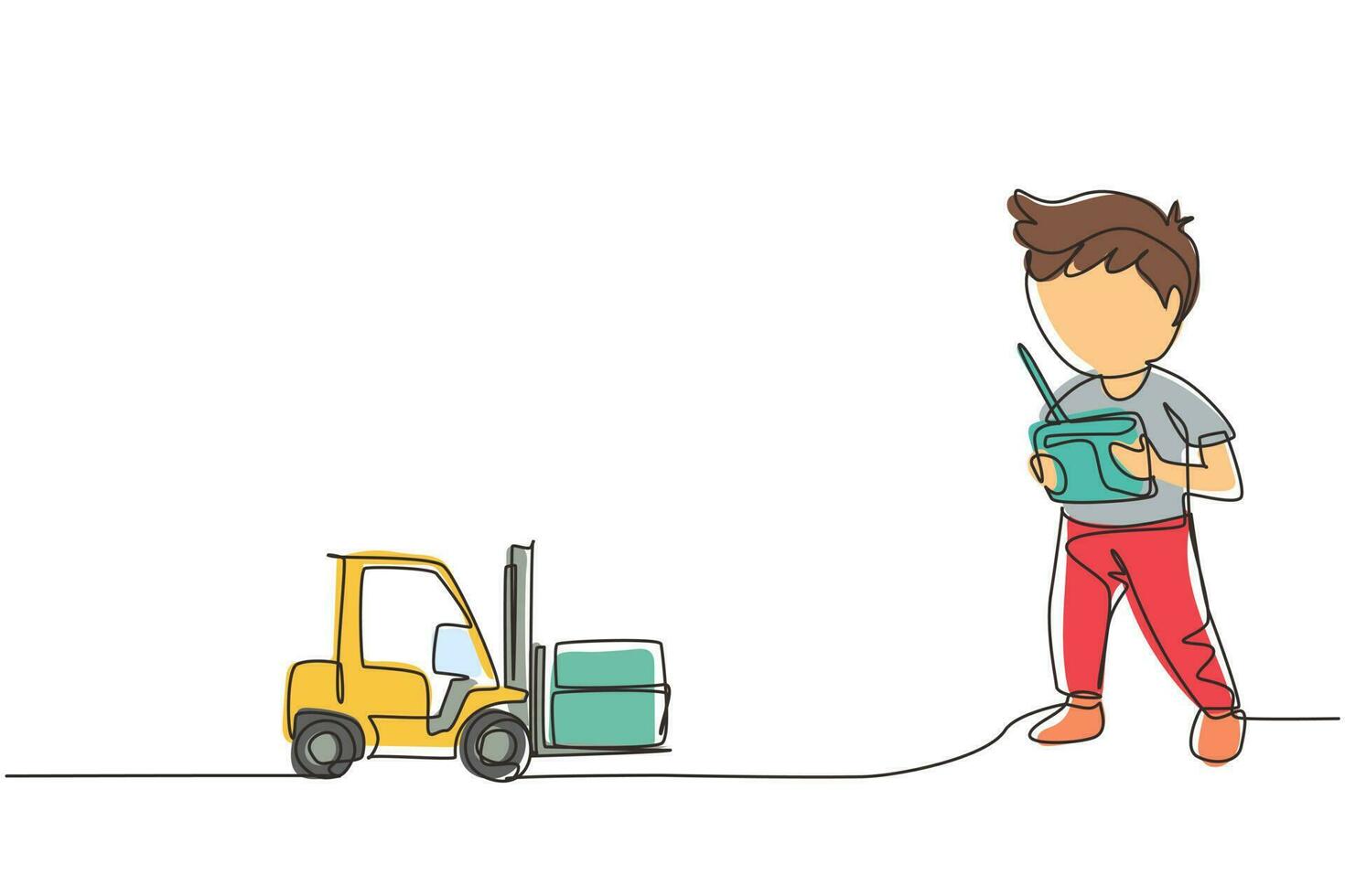 Single one line drawing boy playing with remote-controlled forklift truck toy. Kids playing with electronic toy forklift truck with remote control in hands. Continuous line design vector illustration
