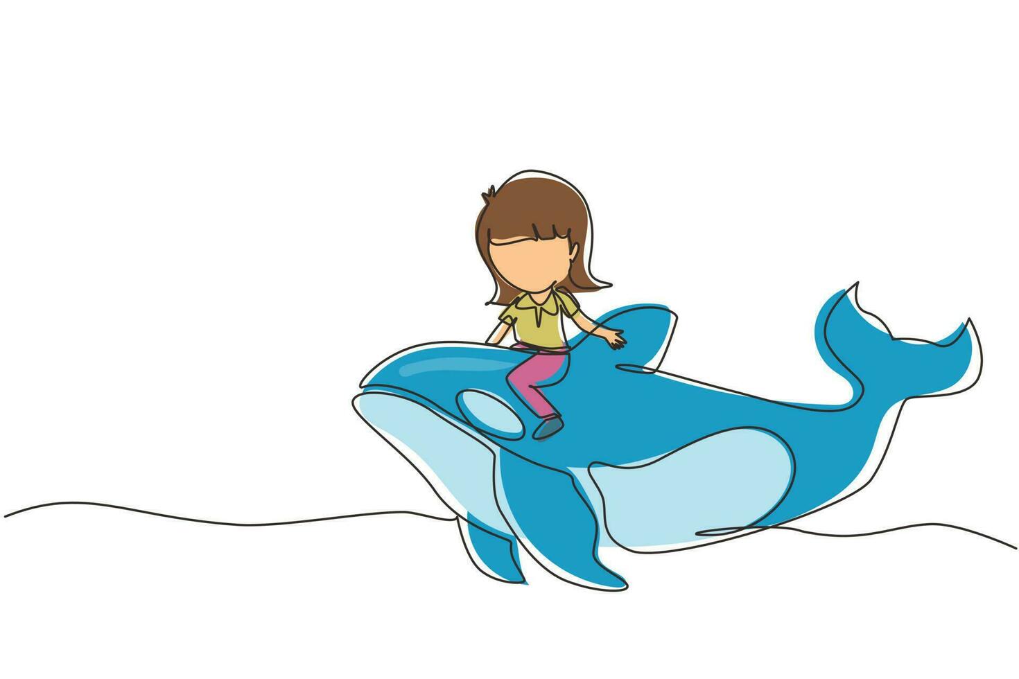 Single continuous line drawing little girl riding orca. Young kid sitting on back whale killer in swimming pool. Whale killer or orca in water. Dynamic one line draw graphic design vector illustration