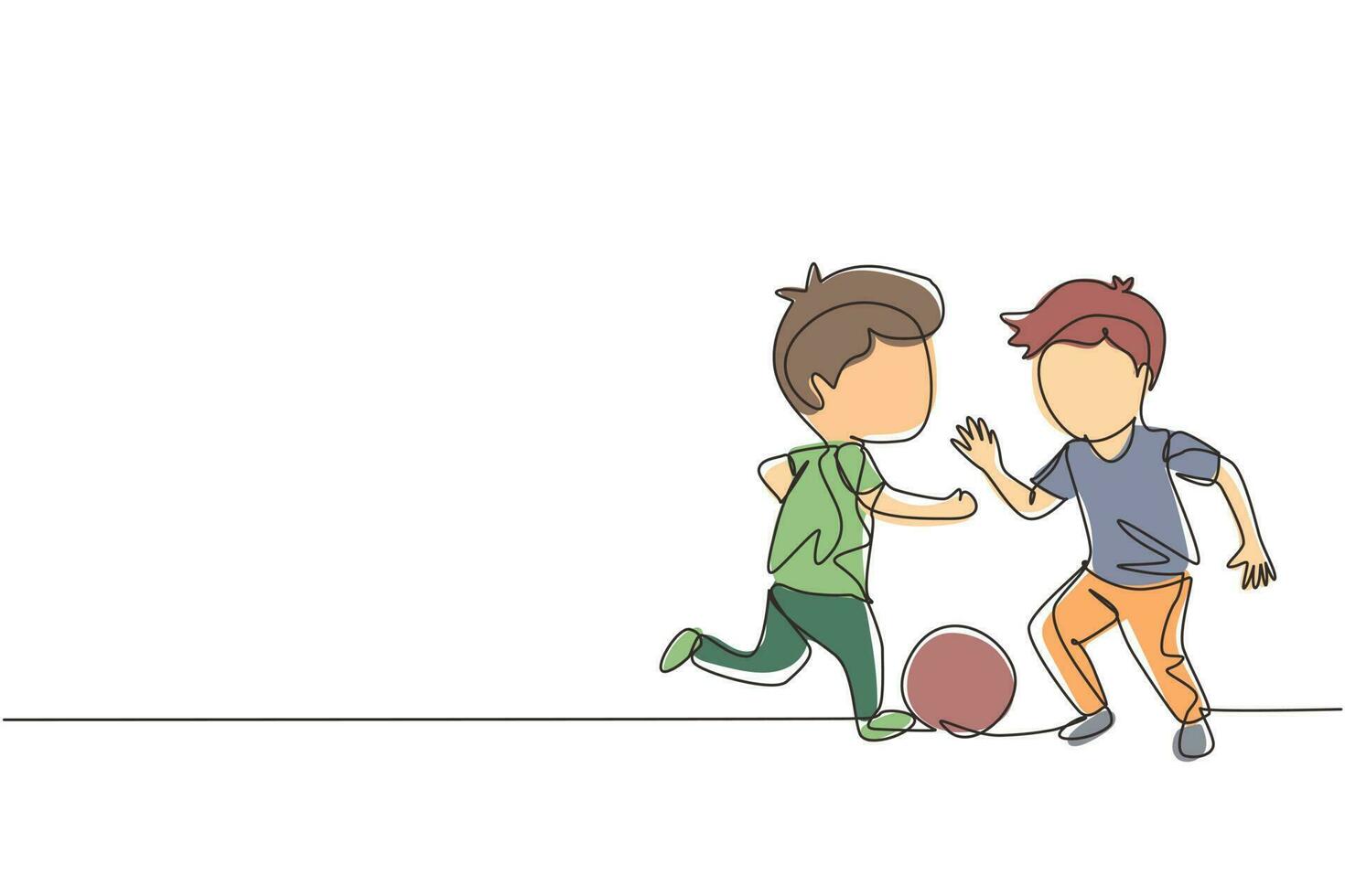 Single one line drawing boys playing football together. Two happy little kids playing sport in uniforms. Smiling children kicking ball by foot between them. Continuous line draw design graphic vector