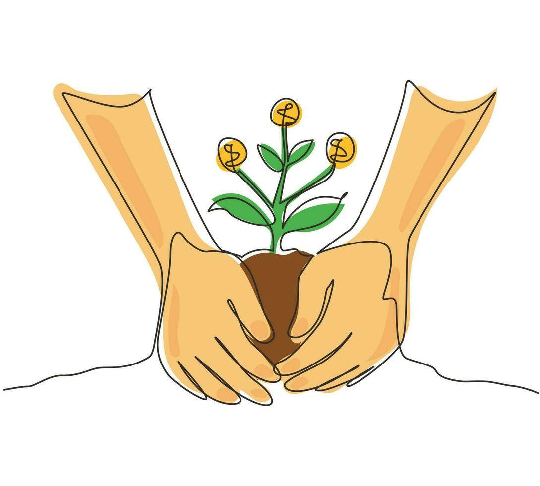 Single continuous line drawing farmer hands growing young money tree. Money tree investment growth income interest savings economy financial business. One line draw graphic design vector illustration