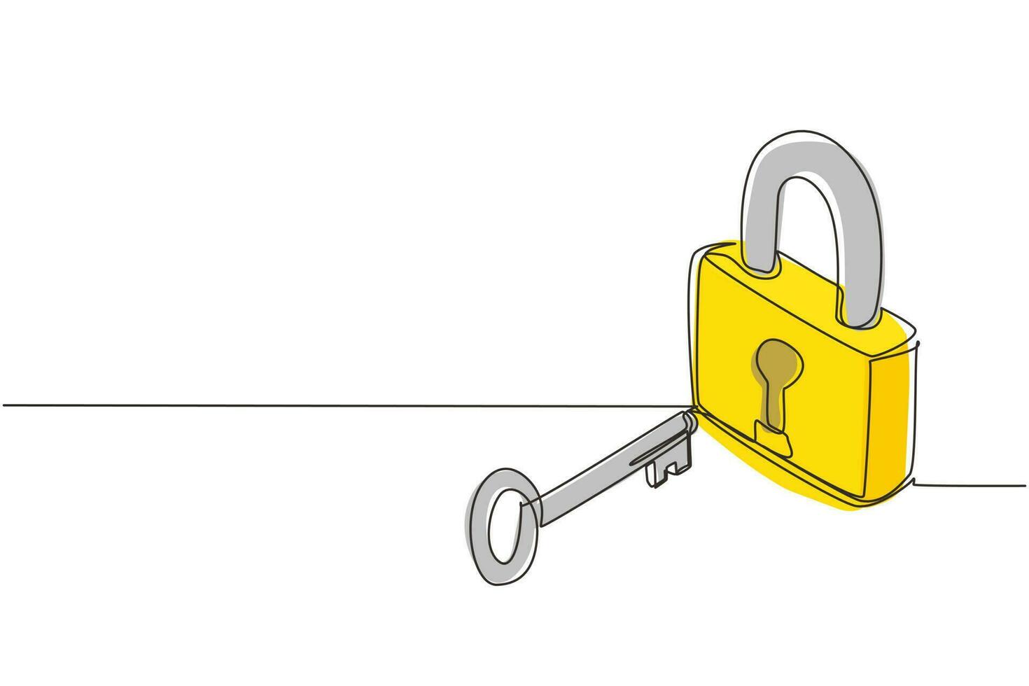Single continuous line drawing lock and key, isometric image. Key and lock. Safety lock with key icon image. Success, solution, opportunity and safety concept. One line draw graphic design vector