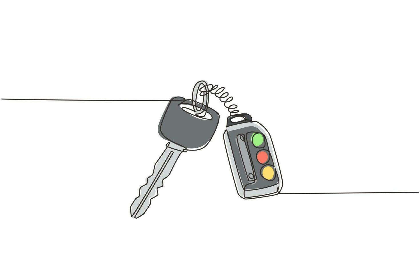 Continuous one line drawing realistic car keys black color isolated on white background. Set of electronic car key front and back view and alarm system. Single line design vector graphic illustration