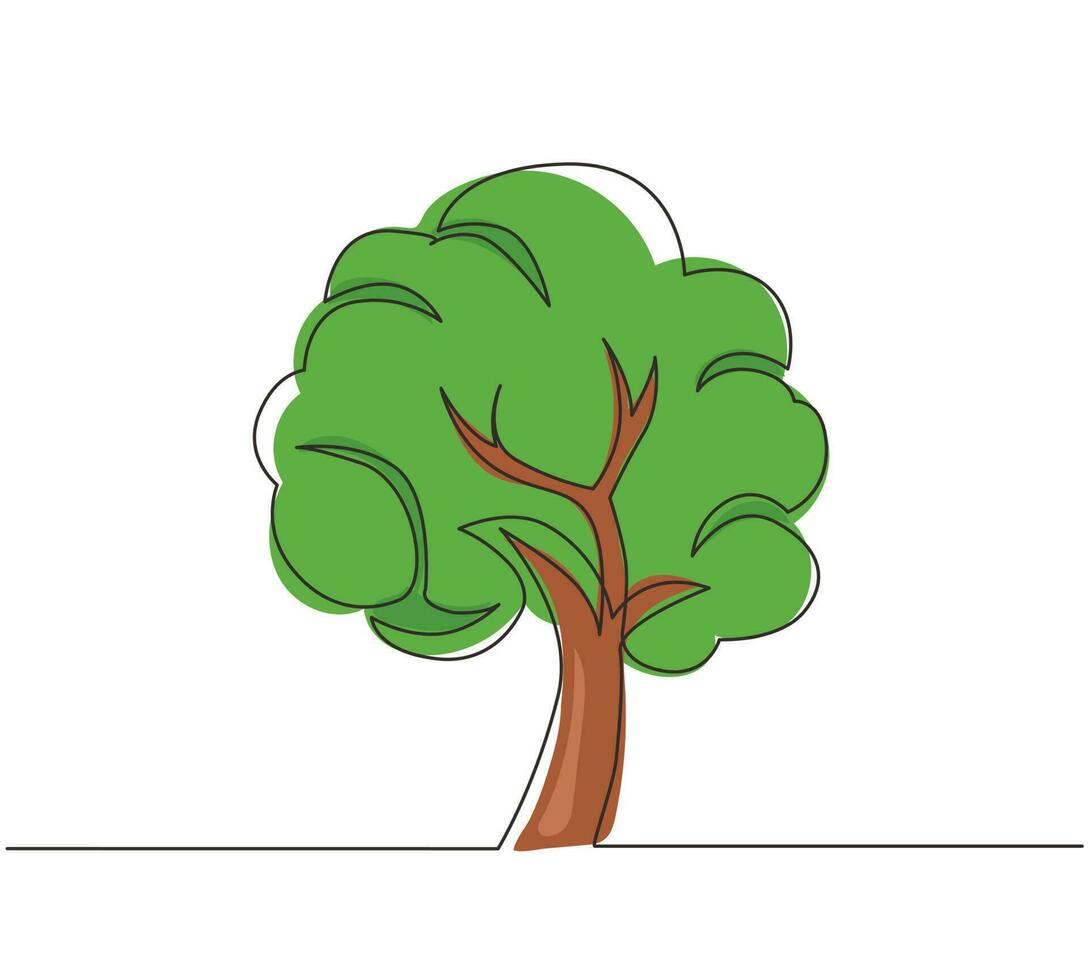 Single one line drawing green tree fertile on white background, trees for decorating garden and home designs. Earth day, ecology concept. Modern continuous line draw design graphic vector illustration