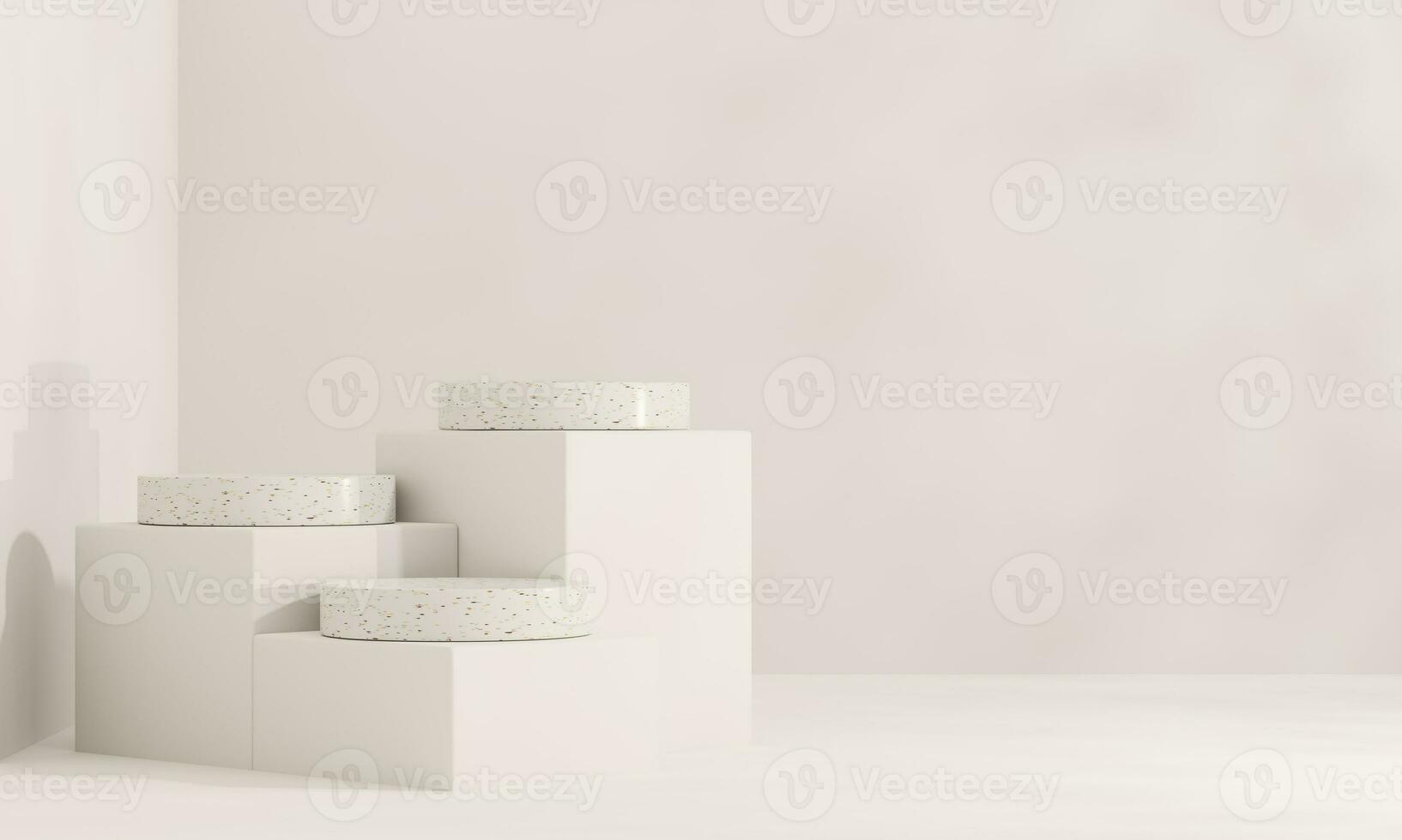 Brown and white pastel backdrop wall 3d render image mockup background of terrazzo podium in the circle. photo