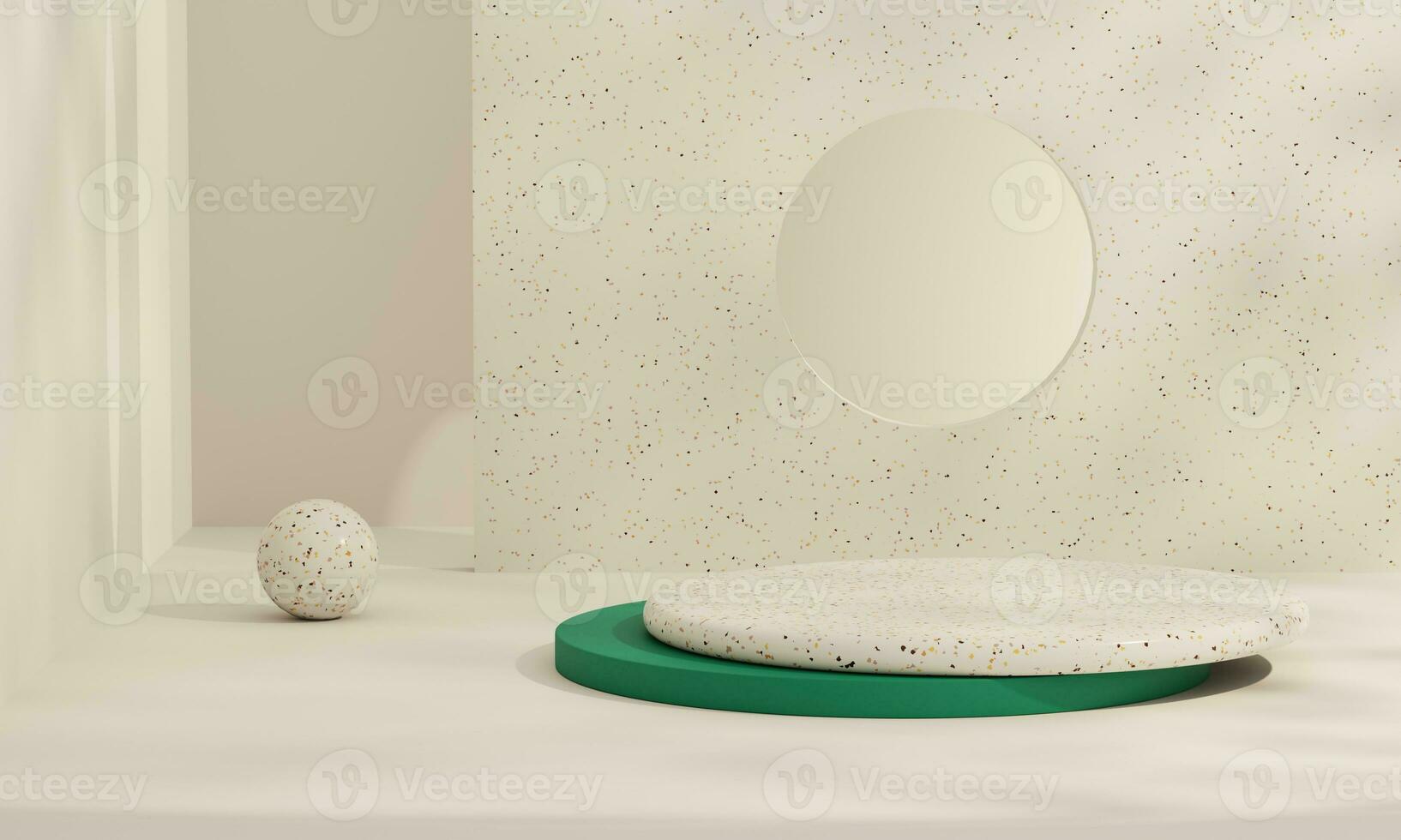 Cream and Green pastel backdrop wall 3d render image mockup background of terrazzo podium. photo