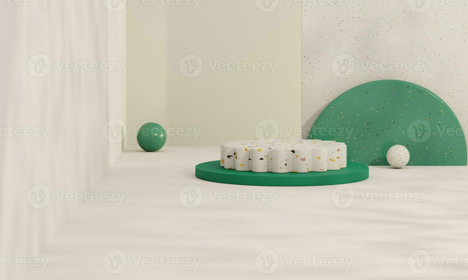 Cream and Green pastel backdrop wall 3d render image mockup background of terrazzo podium. photo