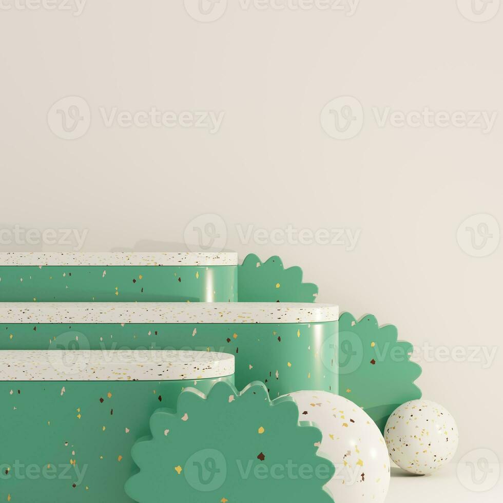 Cream and Green pastel backdrop wall 3d render image mockup background of terrazzo podium. photo