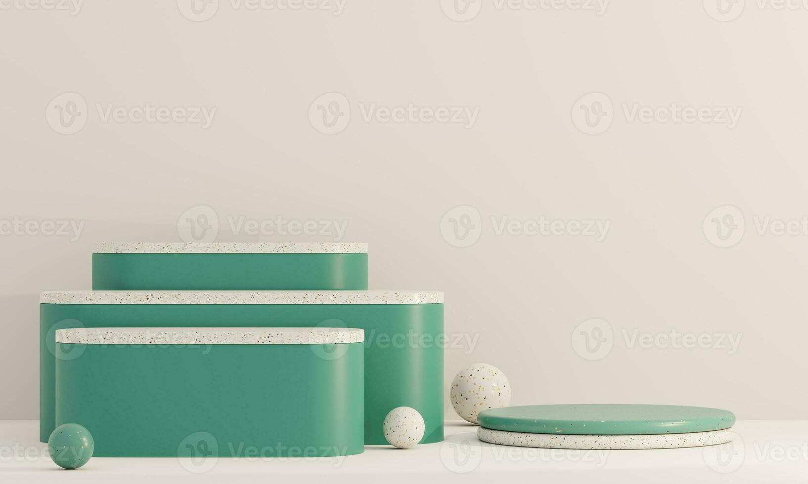 Cream and Green pastel backdrop wall 3d render image mockup background of terrazzo podium. photo