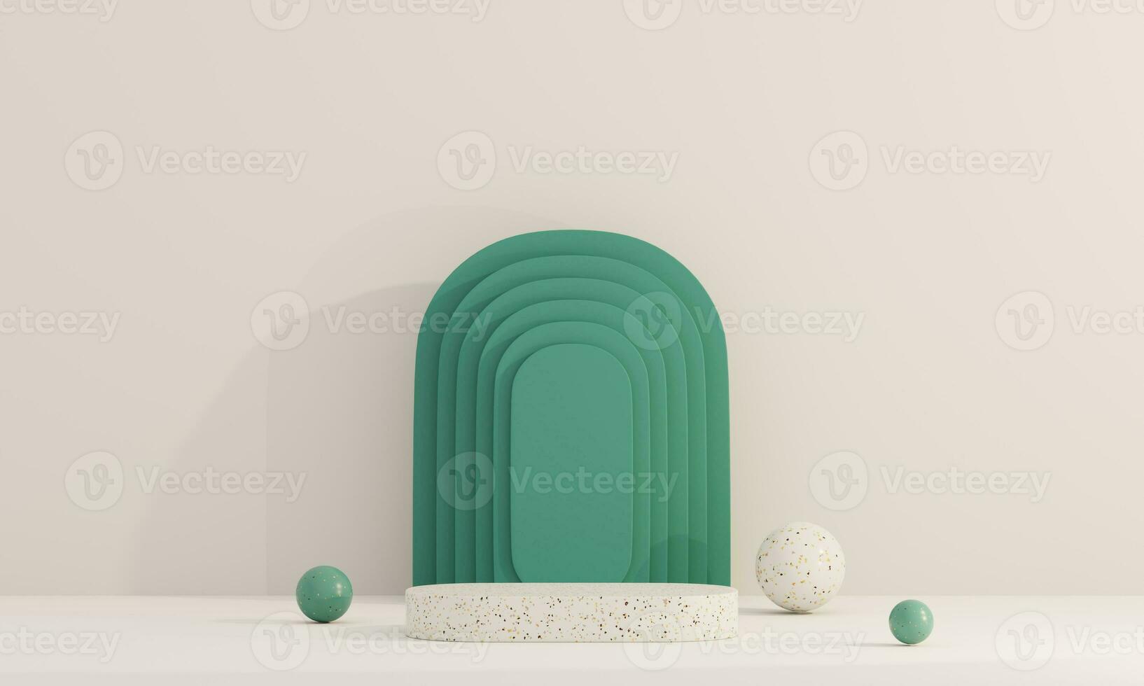 Cream and Green pastel backdrop wall 3d render image mockup background of terrazzo podium. photo