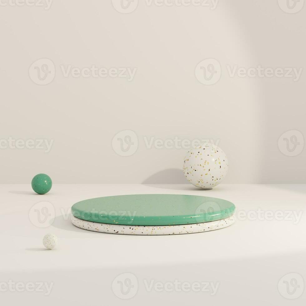 Cream and Green pastel backdrop wall 3d render image mockup background of terrazzo podium. photo