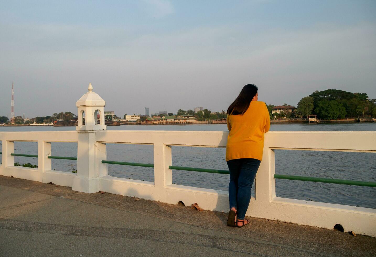 Portrait of a fat Asian woman with long black hair wearing a yellow blouse with long sleeves. Standing and looking Future With powerful eyes, a smile that is determined and serious. Full imagination. photo