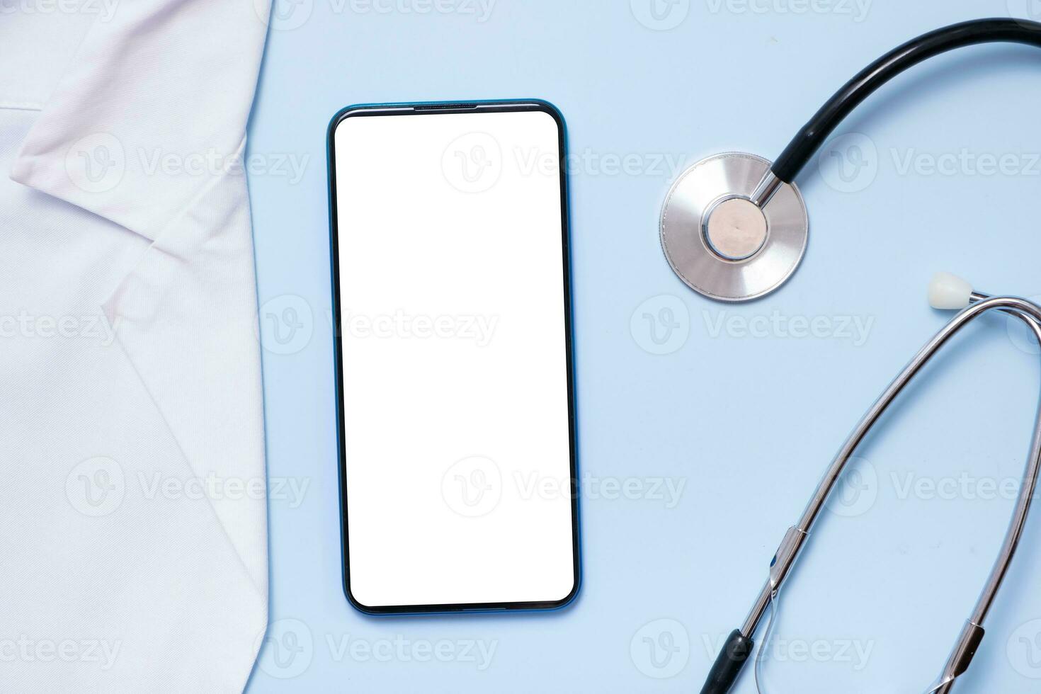 Mockup of a phone with medical tools. Digital healthcare and medicine online flat lay, top view photo