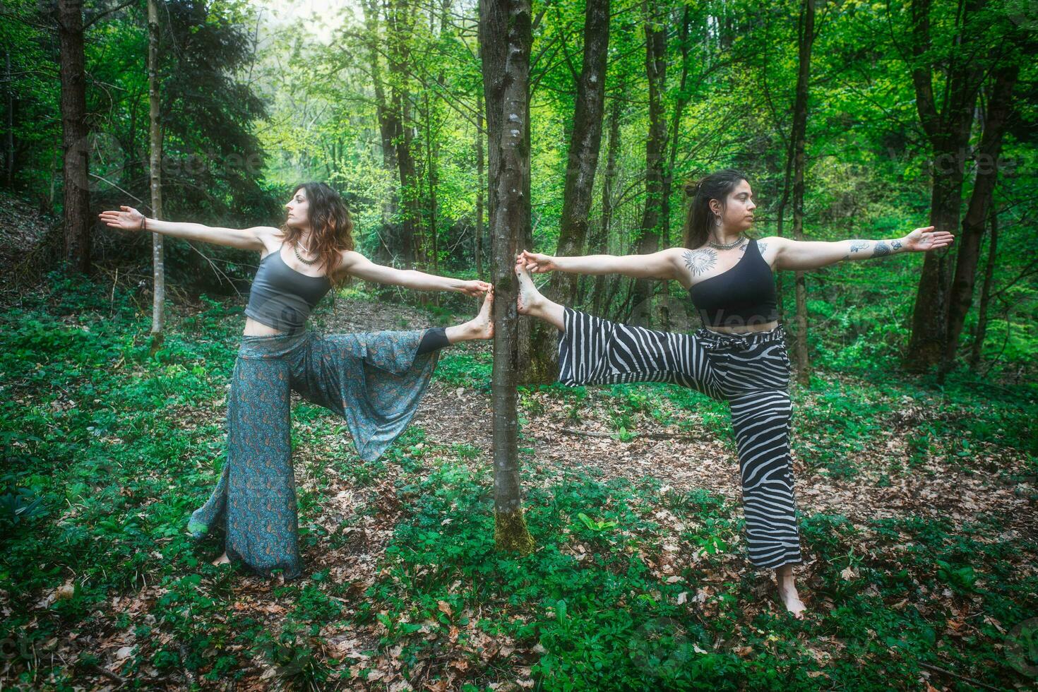 Sports yoga pose with planes practiced by couple of girl friends photo