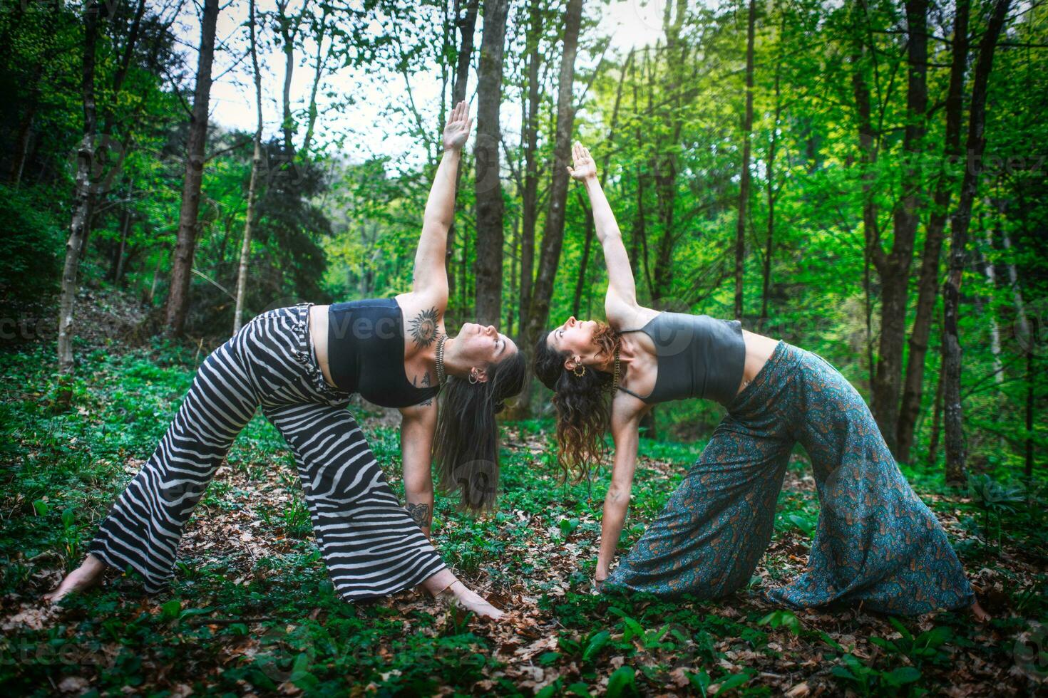 Sports yoga poses by a couple of girls photo