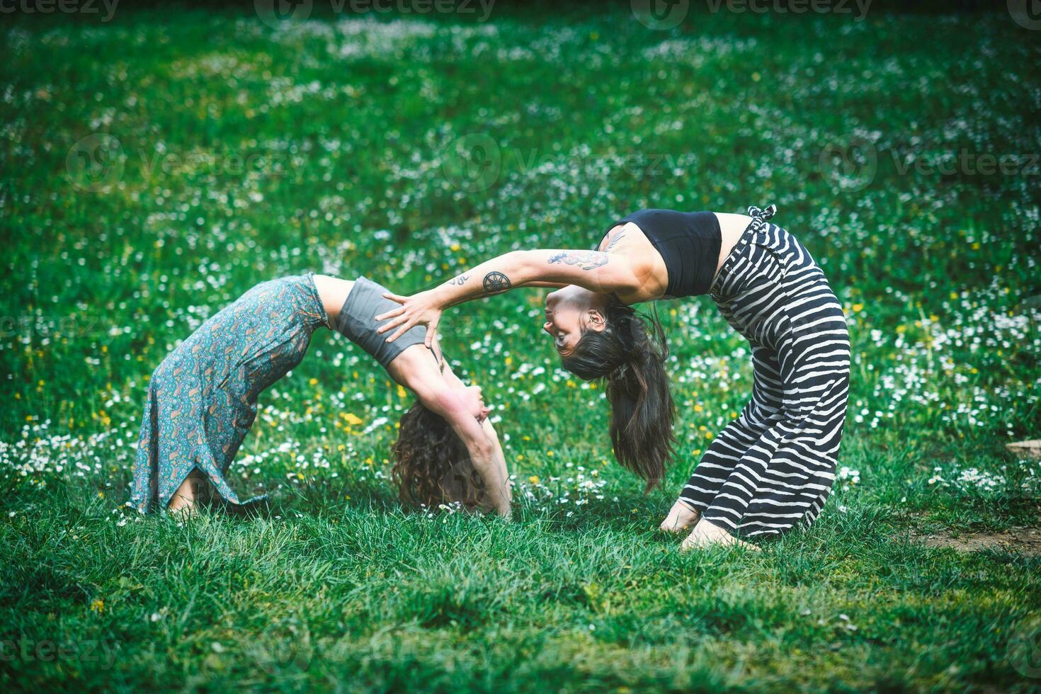 Couple of young women in a sports yoga pose photo