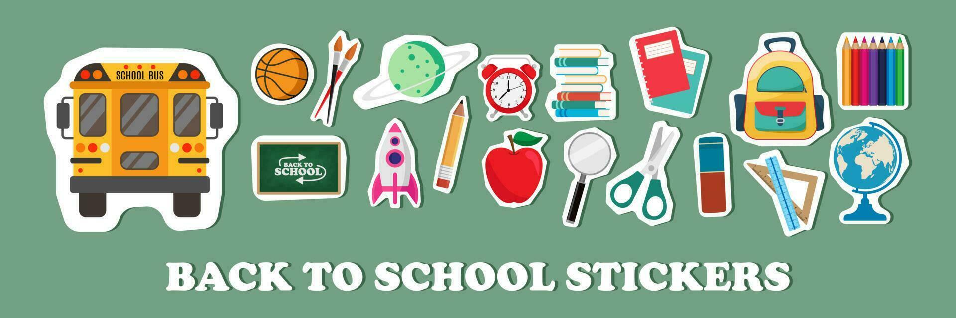 Set of school supplies or back to school and education stickers isolated on green chalkboard. Good for prints, cards and invitations decor, paper crafts, scrapbooking, stationary and products. vector