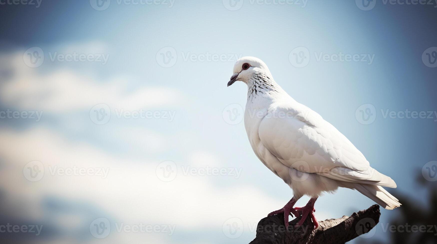 Pigeon sitting on a branch with blue sky and clouds background. International Peace Day Concept, photo