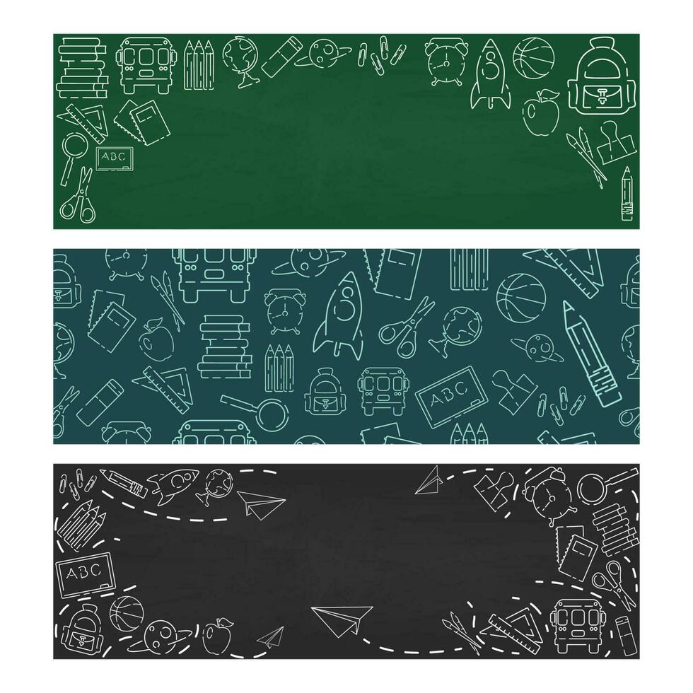 Back to school icons set. Green or blackboard background. School, office supplies. Doodle icons and chalk inscription. Simple design. Banner, poster template. Flat style vector illustration.