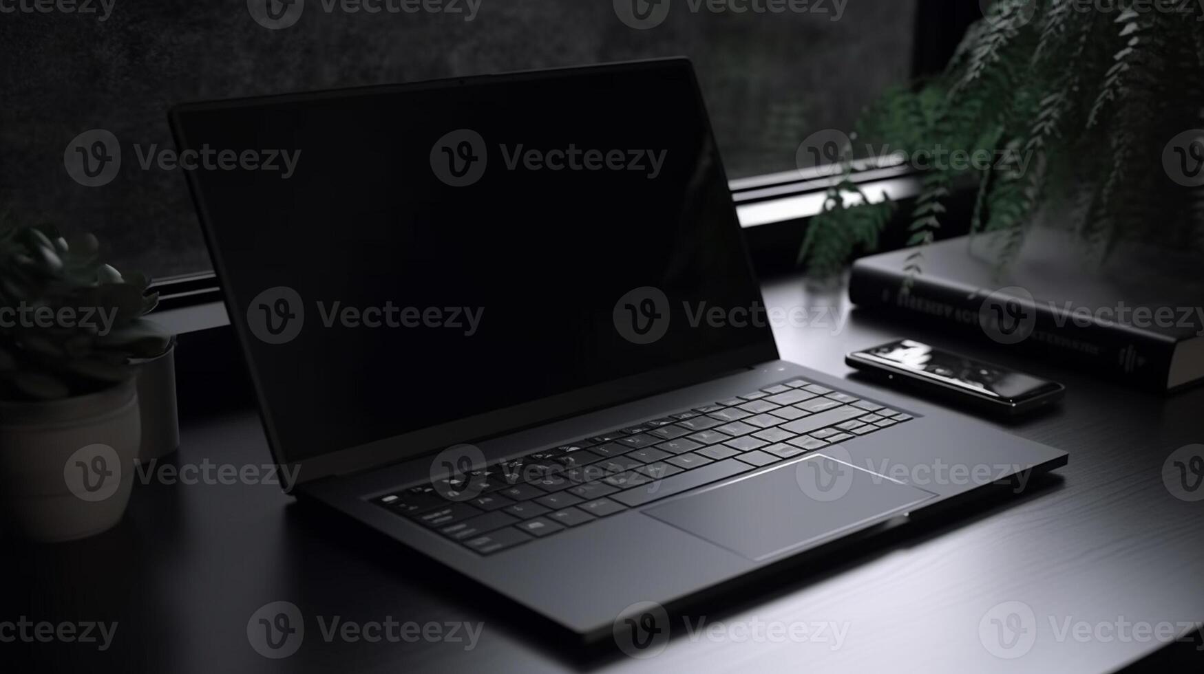 Black Laptop on desk in office, Black Screen Laptop mockup, photo