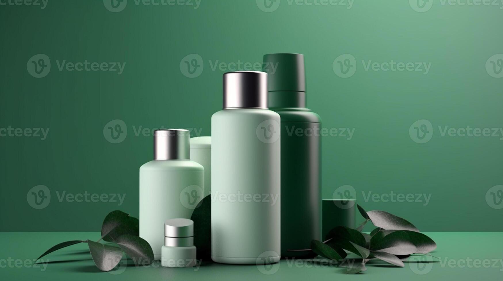 Mockup of cosmetic bottle with green leaves, photo