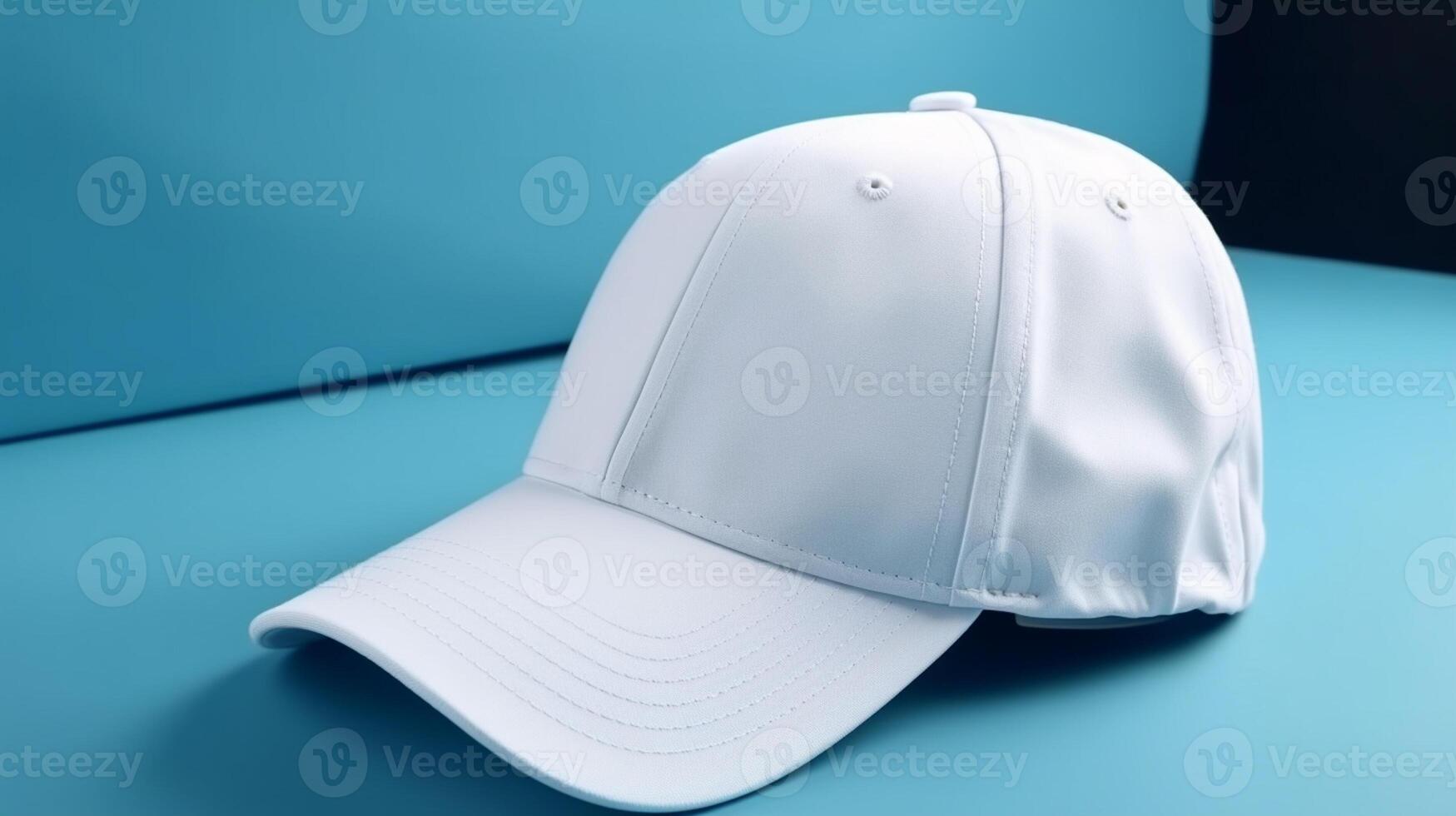 blanco béisbol gorra en un azul antecedentes. lado vista. de cerca, generativo ai foto