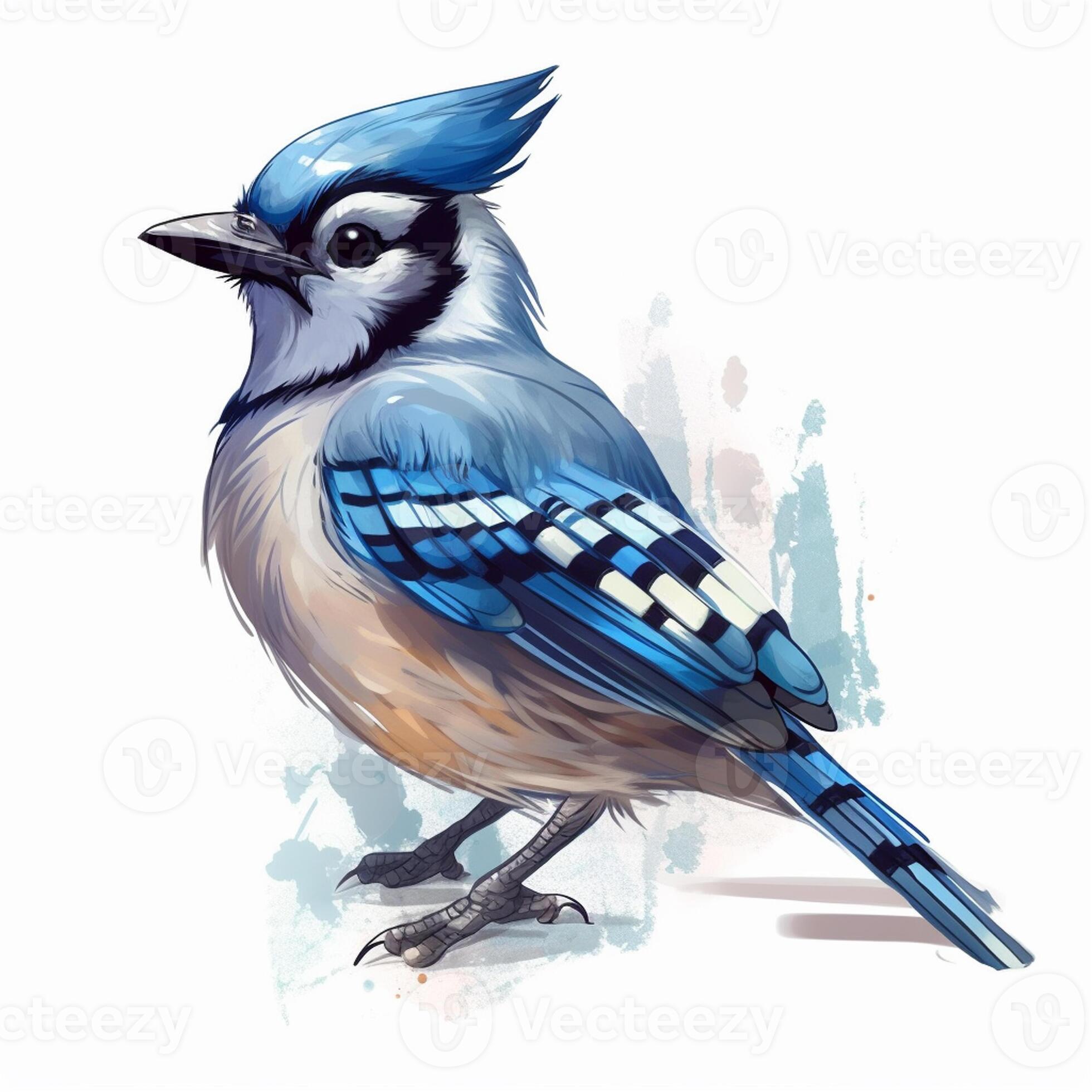 Blue jay bird isolated on white background. Hand drawn watercolor