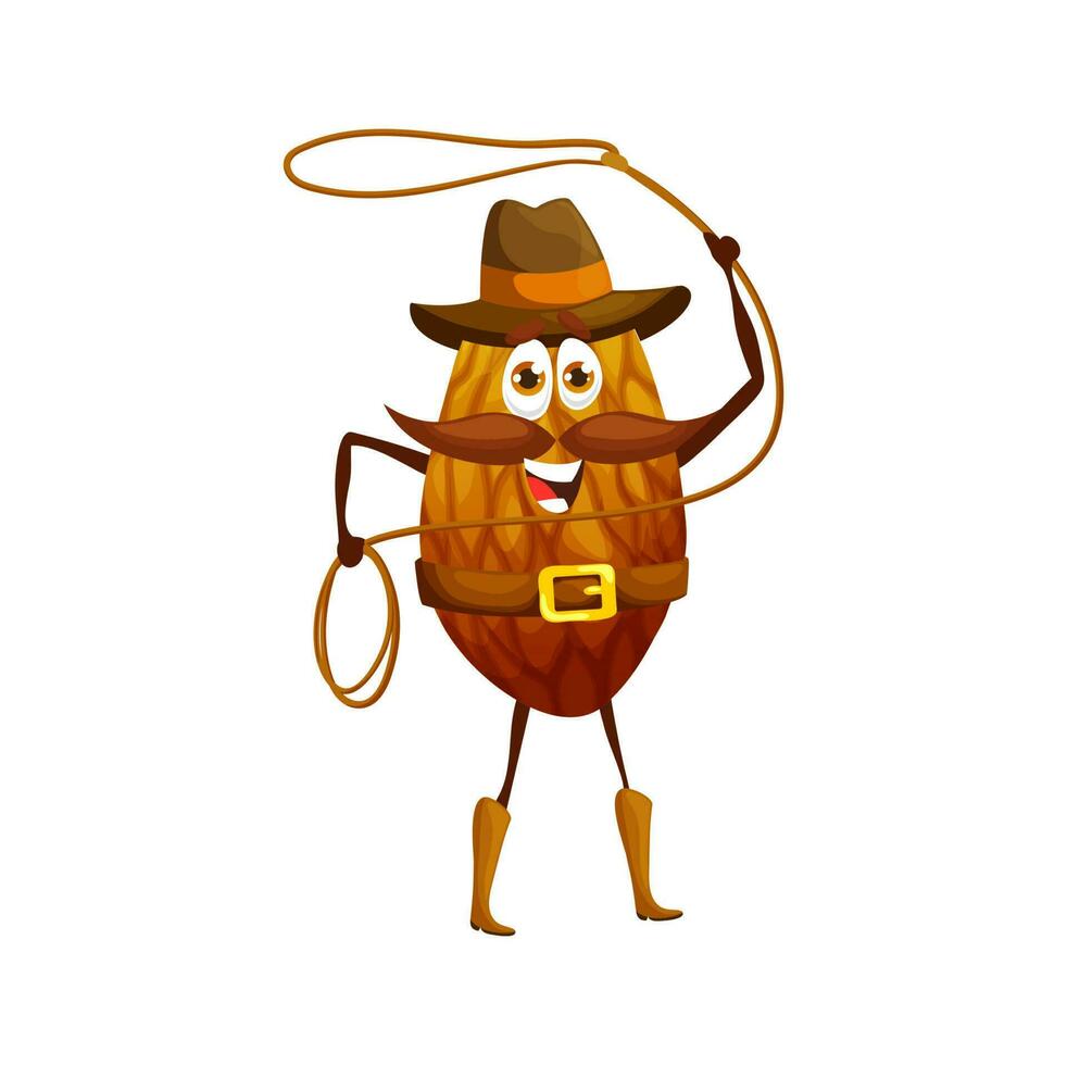 Cartoon almond nut cowboy character with lasso vector