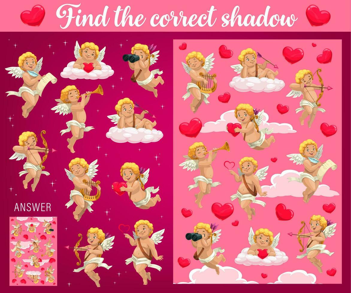 Saint Valentine day child find correct shadow game vector