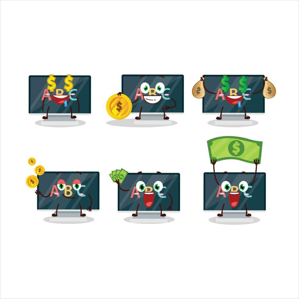 alfabeto en monitor dibujos animados personaje con linda emoticon traer dinero vector