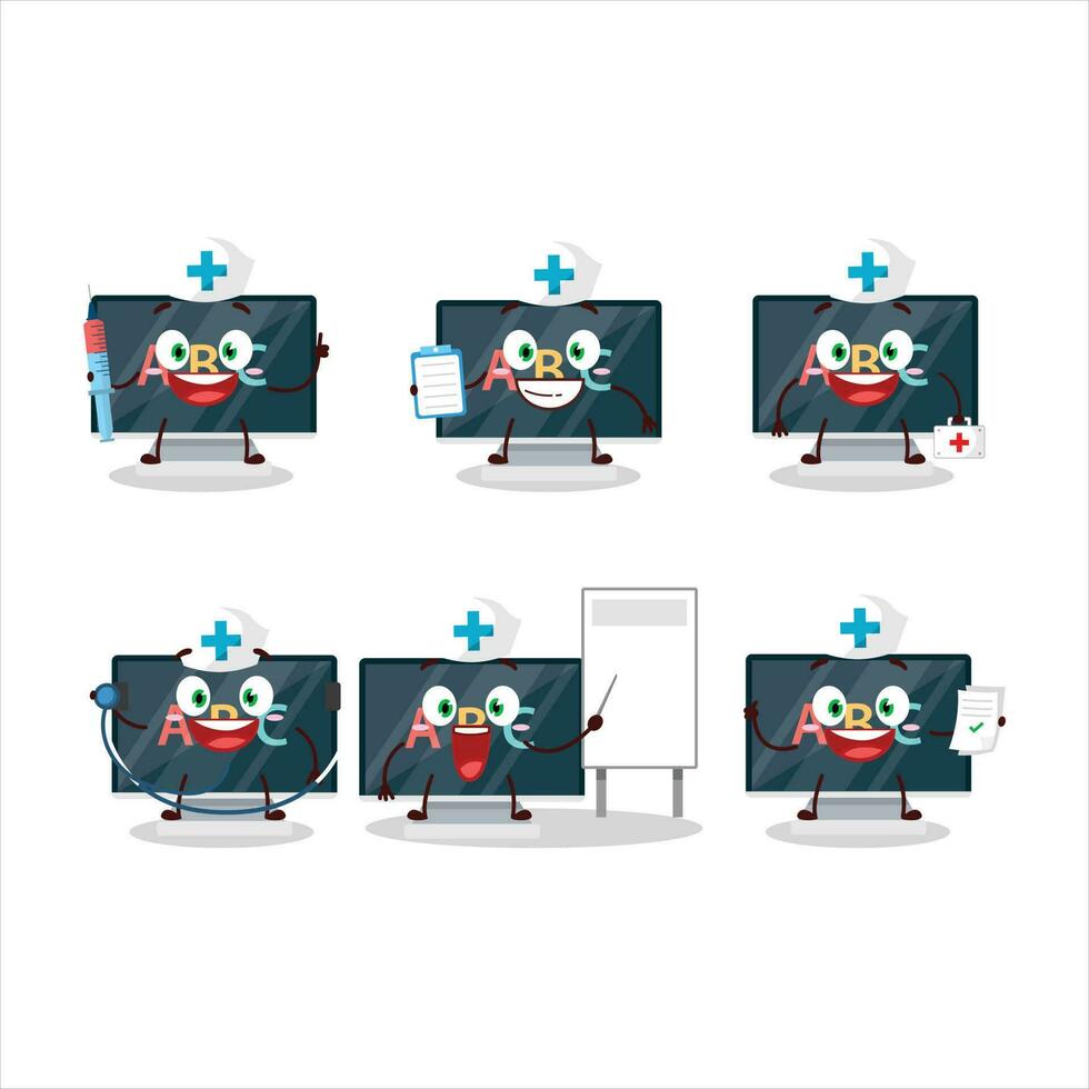 médico profesión emoticon con alfabeto en monitor dibujos animados personaje vector