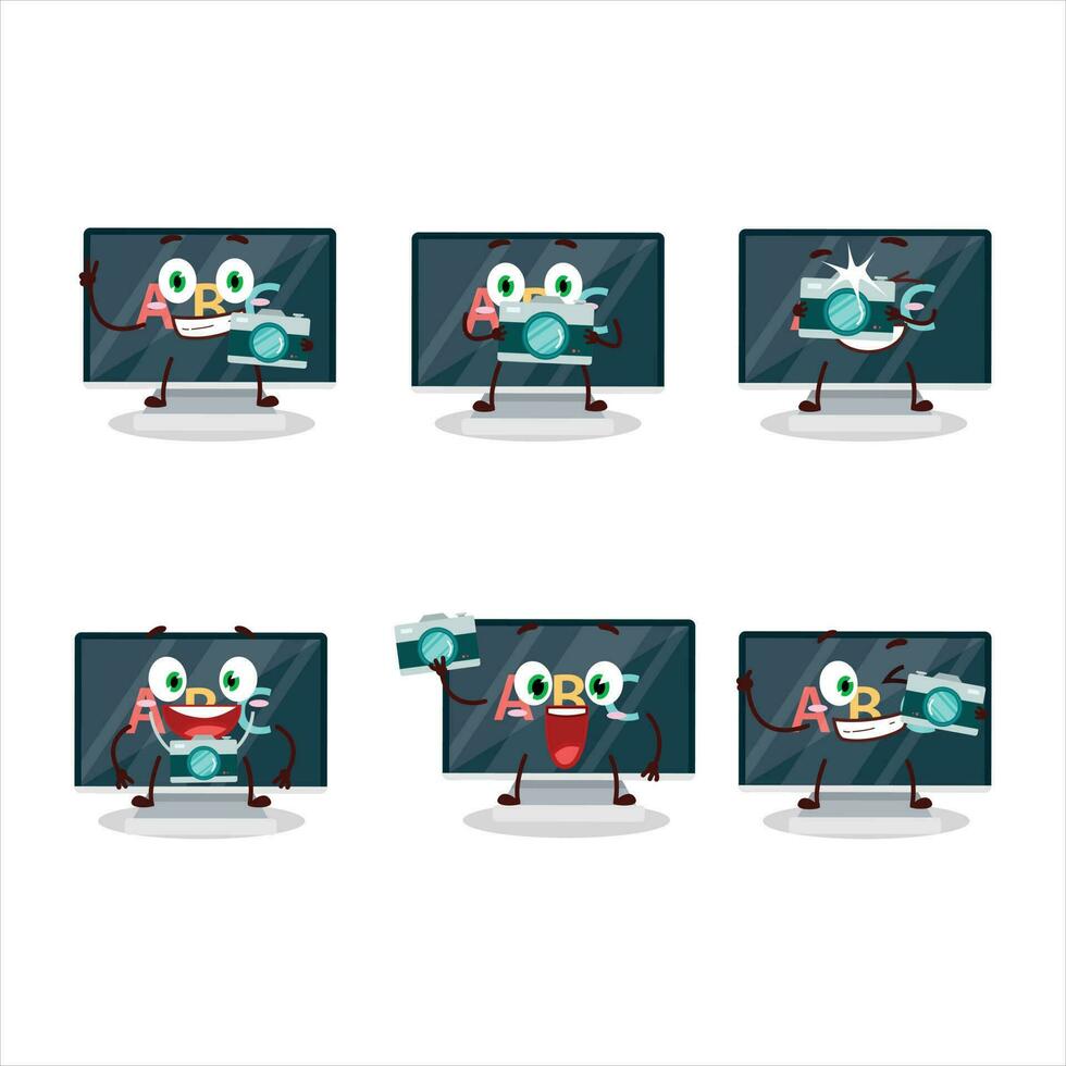 fotógrafo profesión emoticon con alfabeto en monitor dibujos animados personaje vector