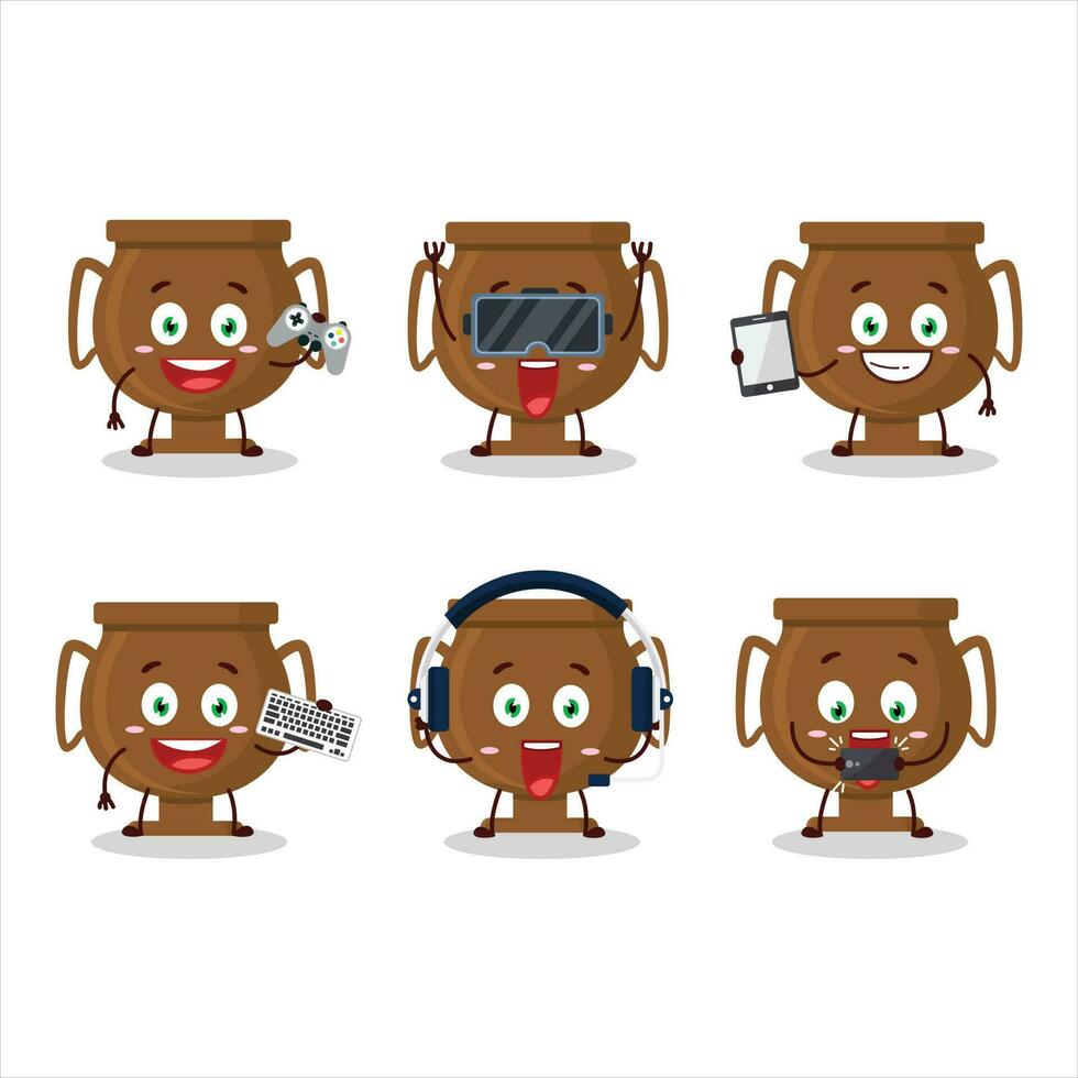 Bronze trophy cartoon character are playing games with various cute emoticons vector